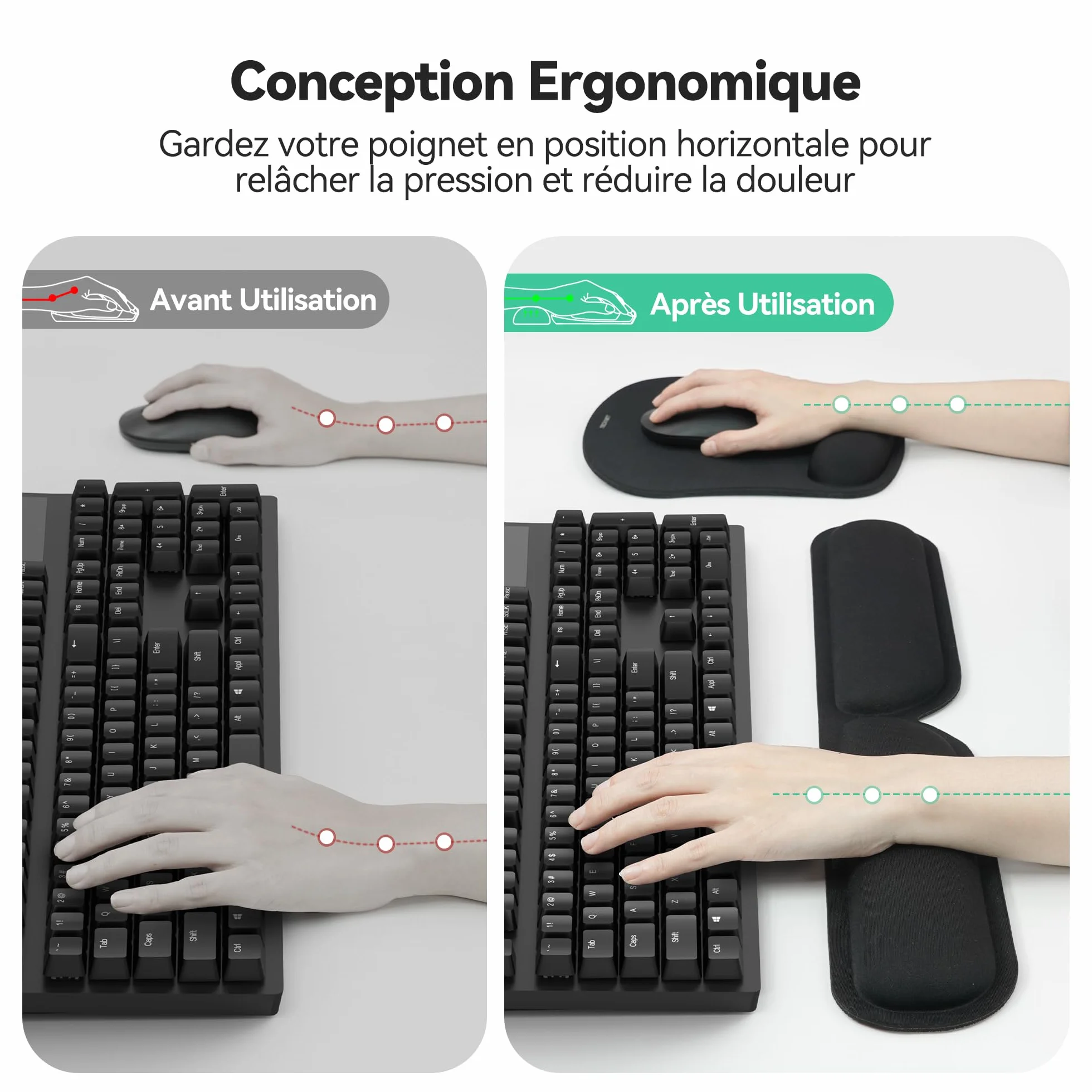 TECKNET Tapis de Souris et Repose-Poignet Clavier, Mouse Pad Ergonomique en Mousse à Mémoire Antidérapant Imperméable