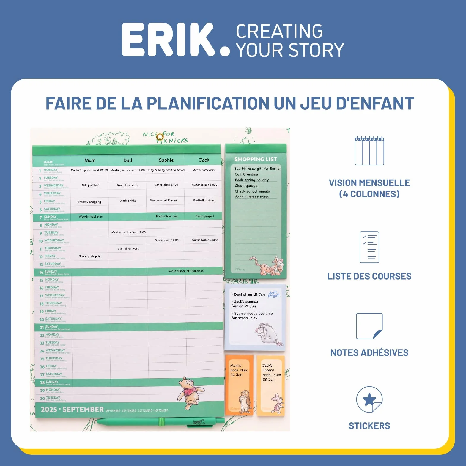 Grupo Erik Calendrier Magnétique Frigo Disney Winnie L'Ourson Septembre 2025 Décembre 2026 Planificateur Mensuel 16 mois Familial
