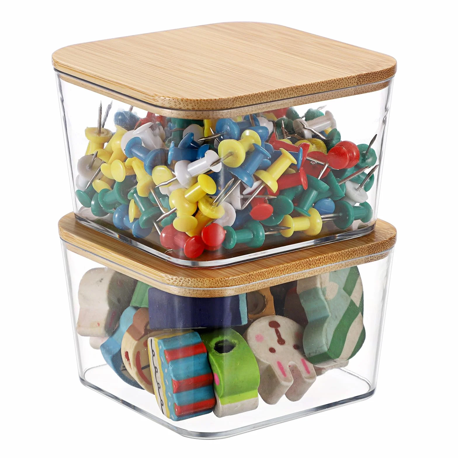 Organisateur de bureau Distributeur de trombones boîte en plastique couvercle bambou 7,7 cm