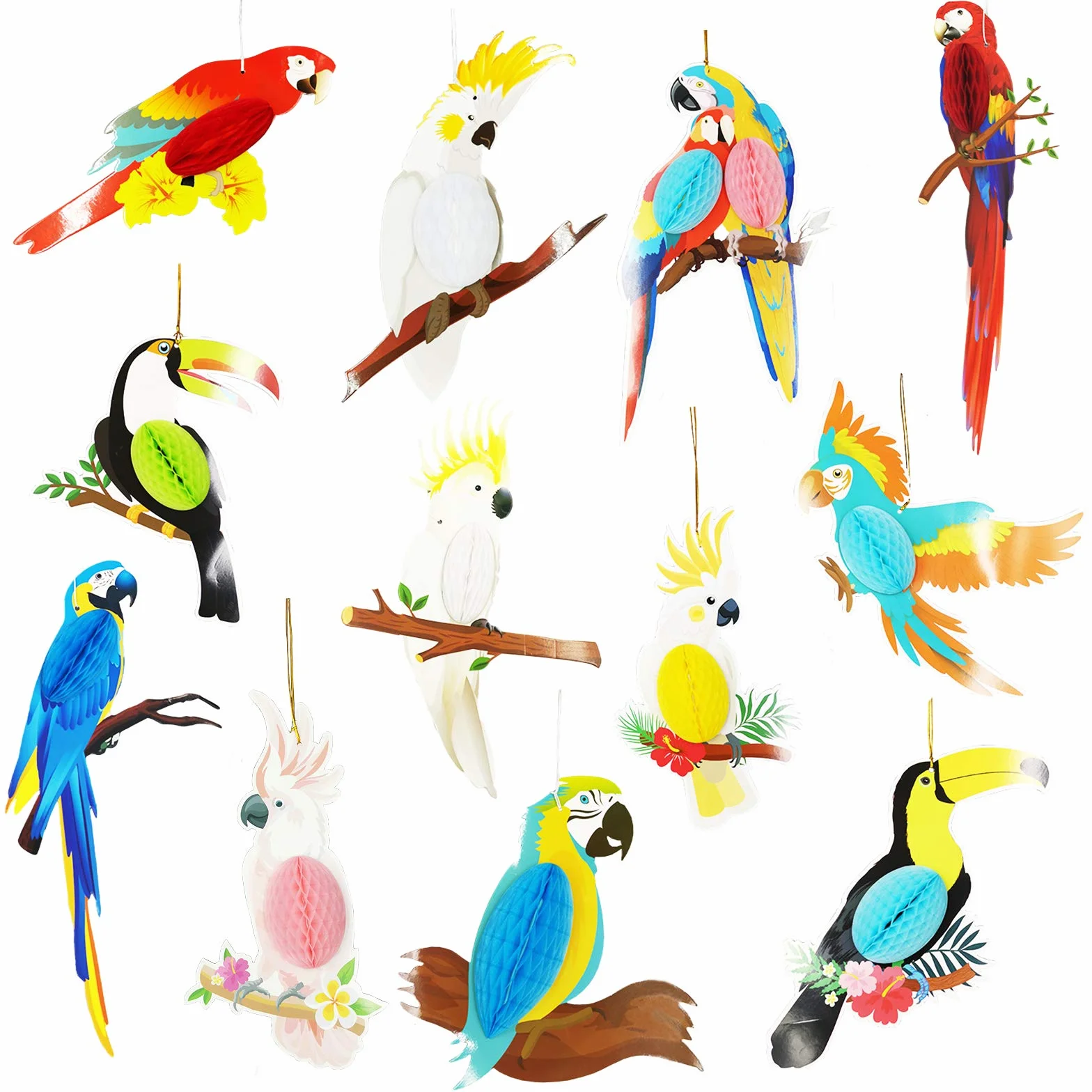 12 Pièces Découpes de Papier Nid D'abeille Oiseaux Tropicaux Perroquet Décorations Suspendues pour Fête Hawaïenne
