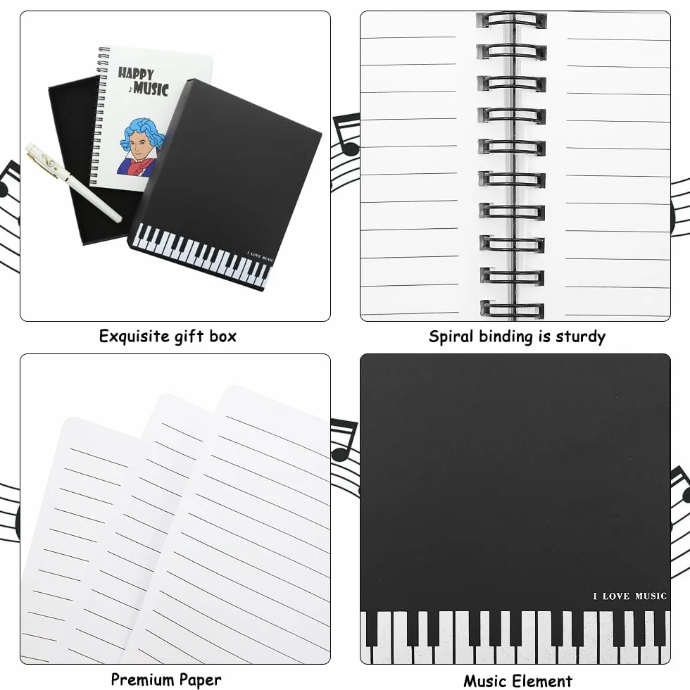 Coffret cadeau papeterie piano musical, carnet spirale feuilles mobiles stylo bille bureau école étudiant
