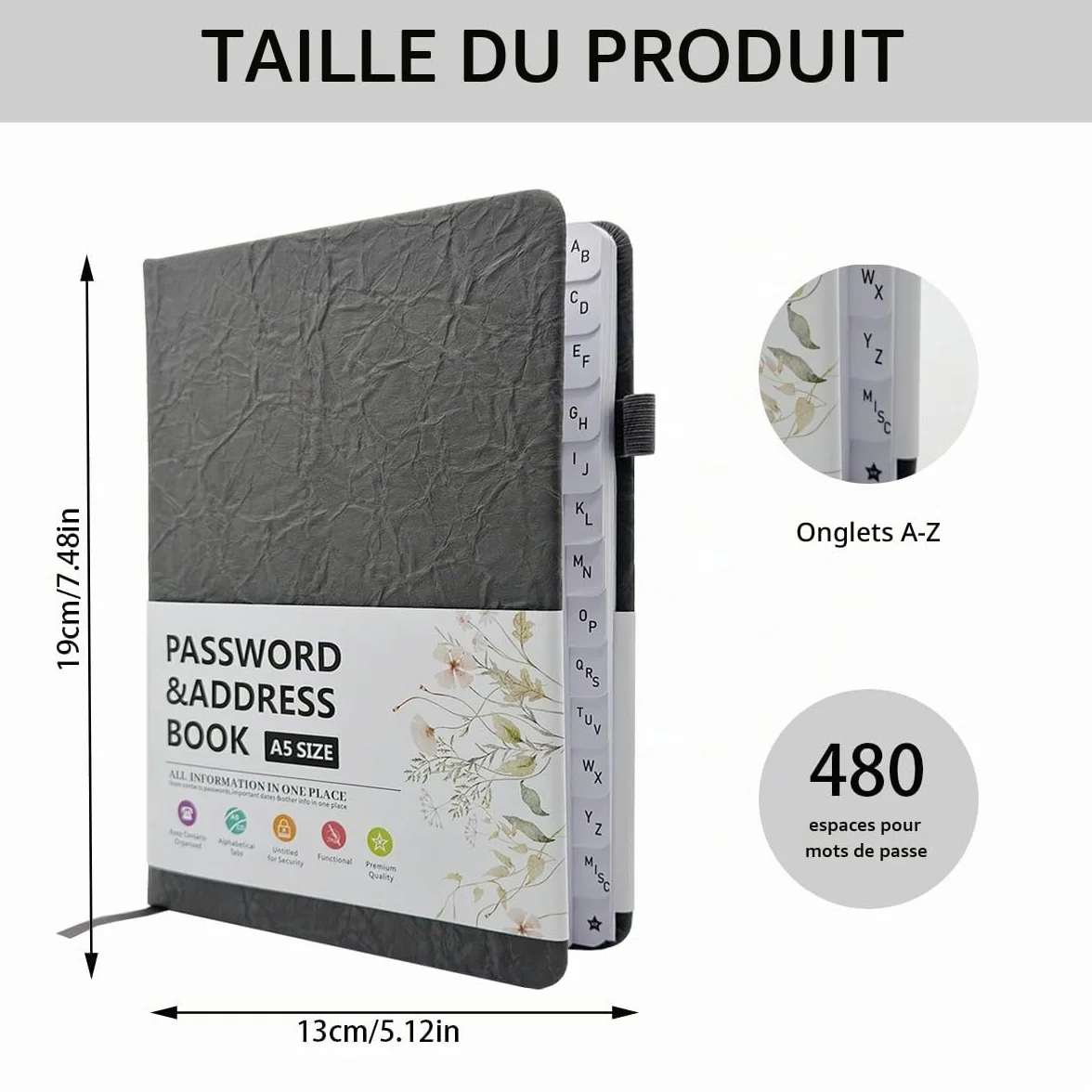 Carnet de mots de passe A5 avec onglets alphabétiques A-Z, gestionnaire pour 480 mots de passe