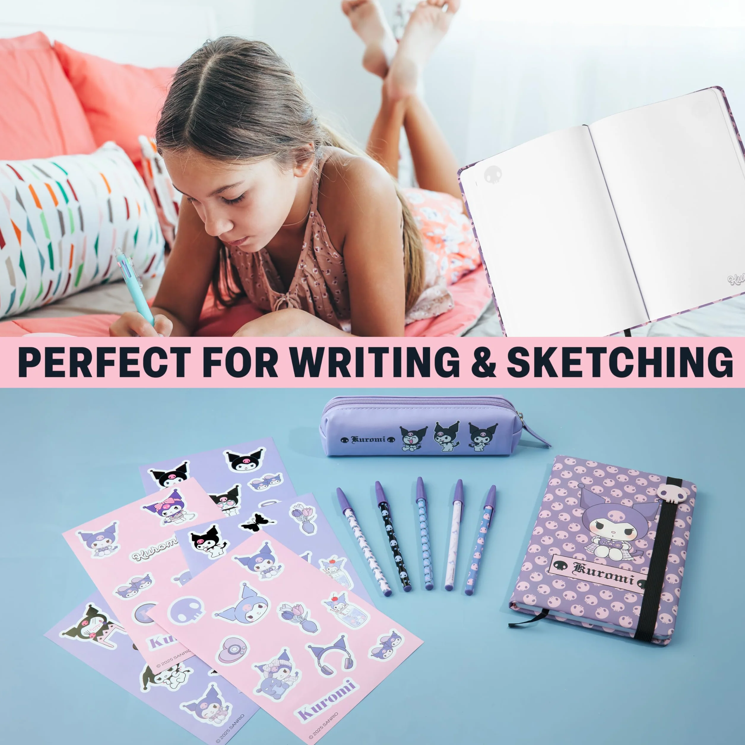 Sanrio Hello Kitty Kuromi Set Papeterie Cahier Trousse Kawaii Autocollants Stylos Bille Violet