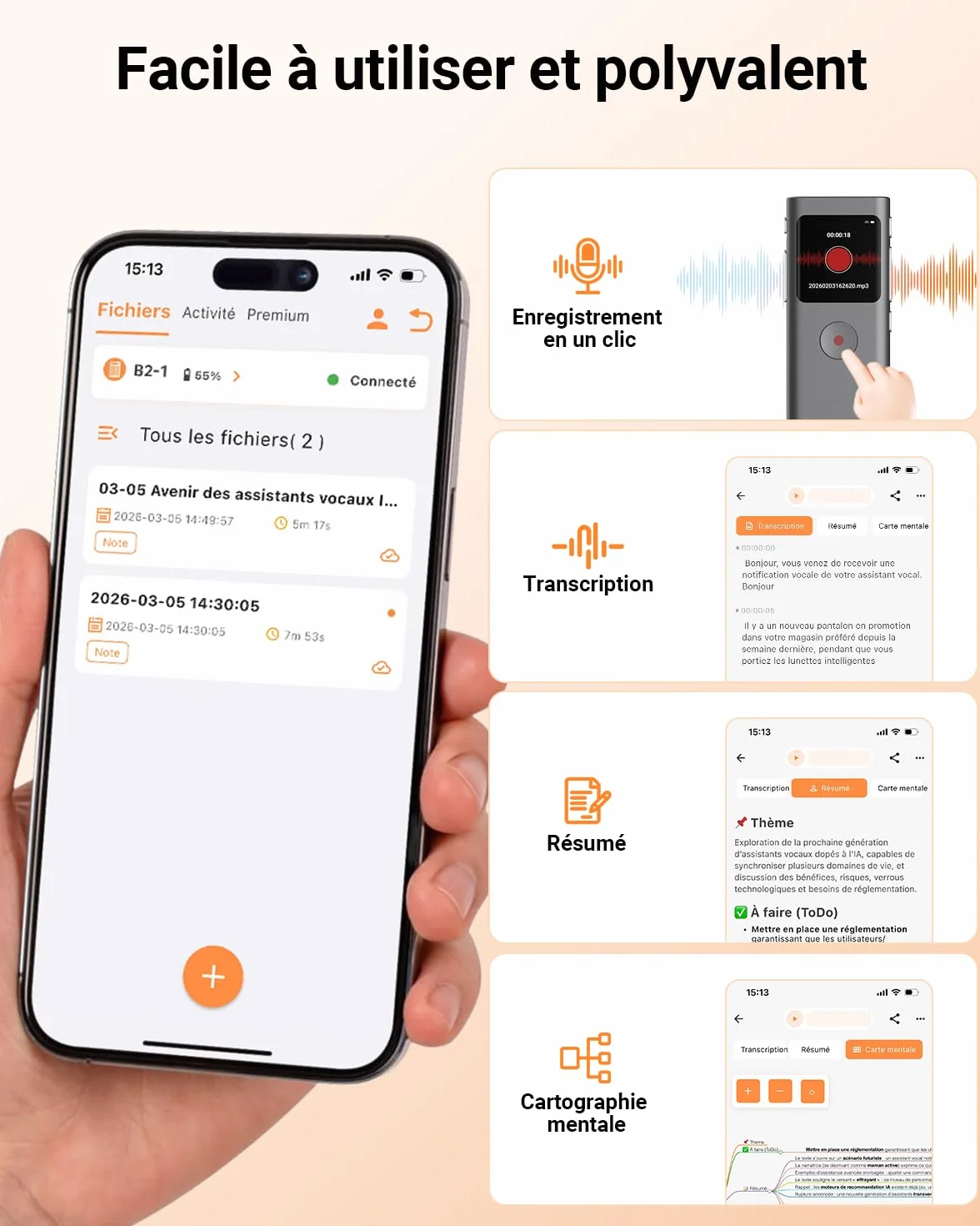 Enregistreur Vocal IA Dictaphone Numérique 64 Go Transcription Résumé 90+ Langues Enregistrement HD Réduction Bruit