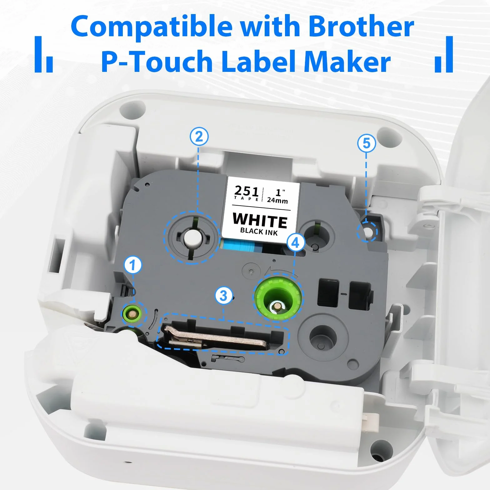 Ruban Compatible Brother TZe-251 24mm Laminé Noir sur Blanc pour P-touch PT-P750W PT-D600