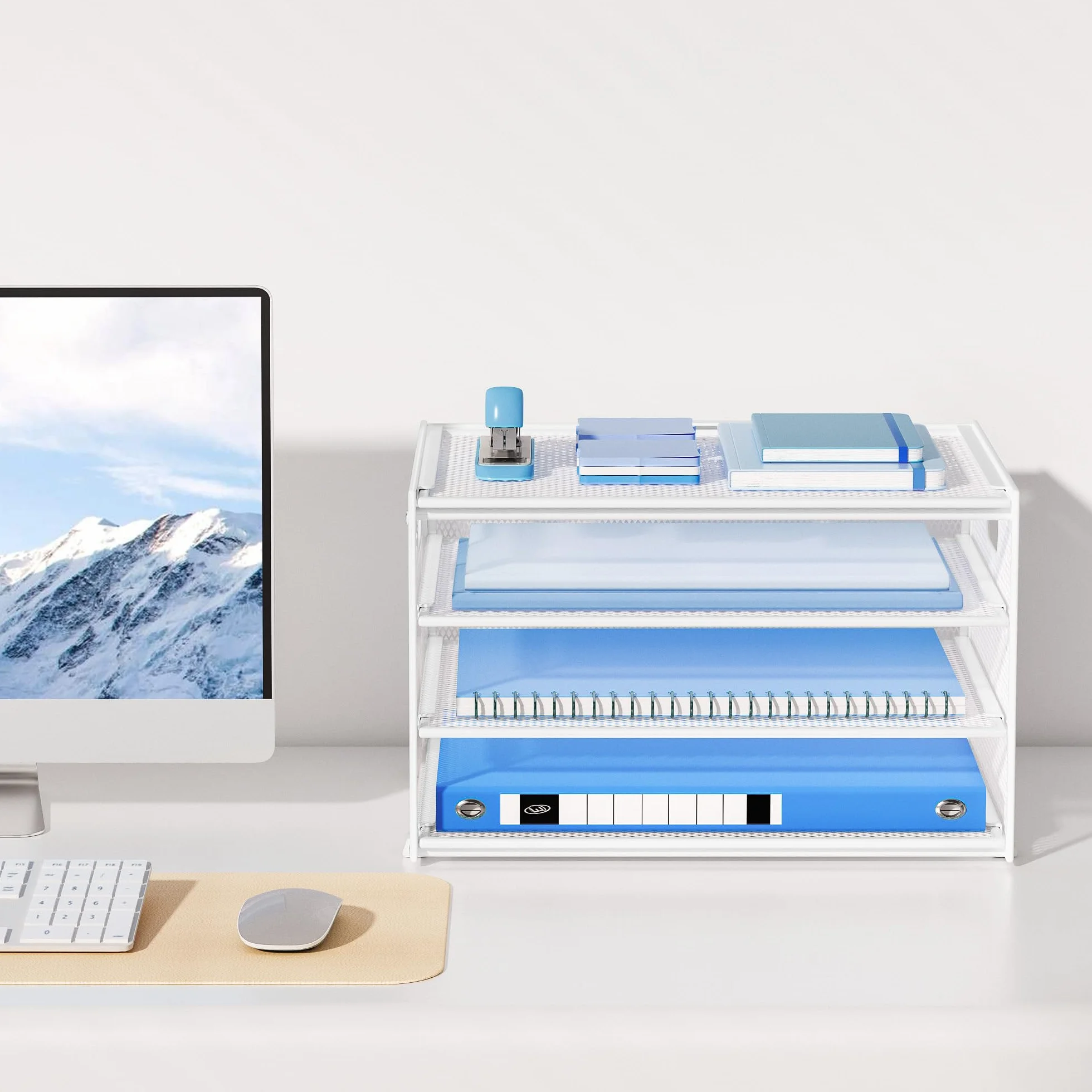 Marbrasse Organiseur de Bureau 4 Niveaux Corbeilles à Courrier en Filet avec Poignée Porte-Revues Support de Rangement pour Papier Blanc