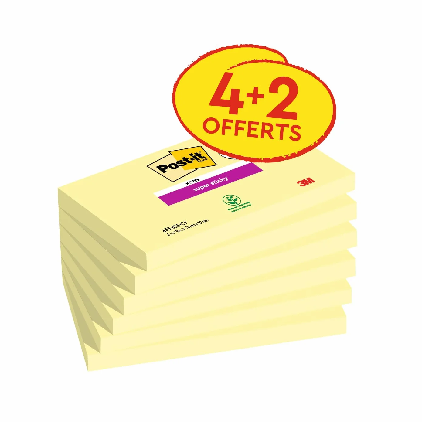 Post-it Notes Autocollantes Super Sticky 76 mm x 127 mm 90 Feuilles par Bloc 4 Blocs Jaune Pastel