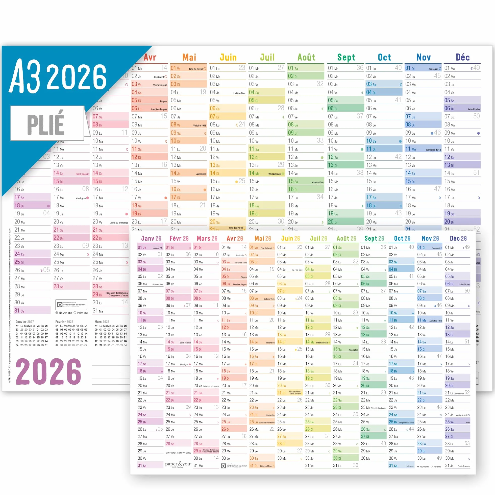Häfft® Calendrier mural 2026 A3 français Rainbow 42 x 29,7 cm plié avec jours fériés