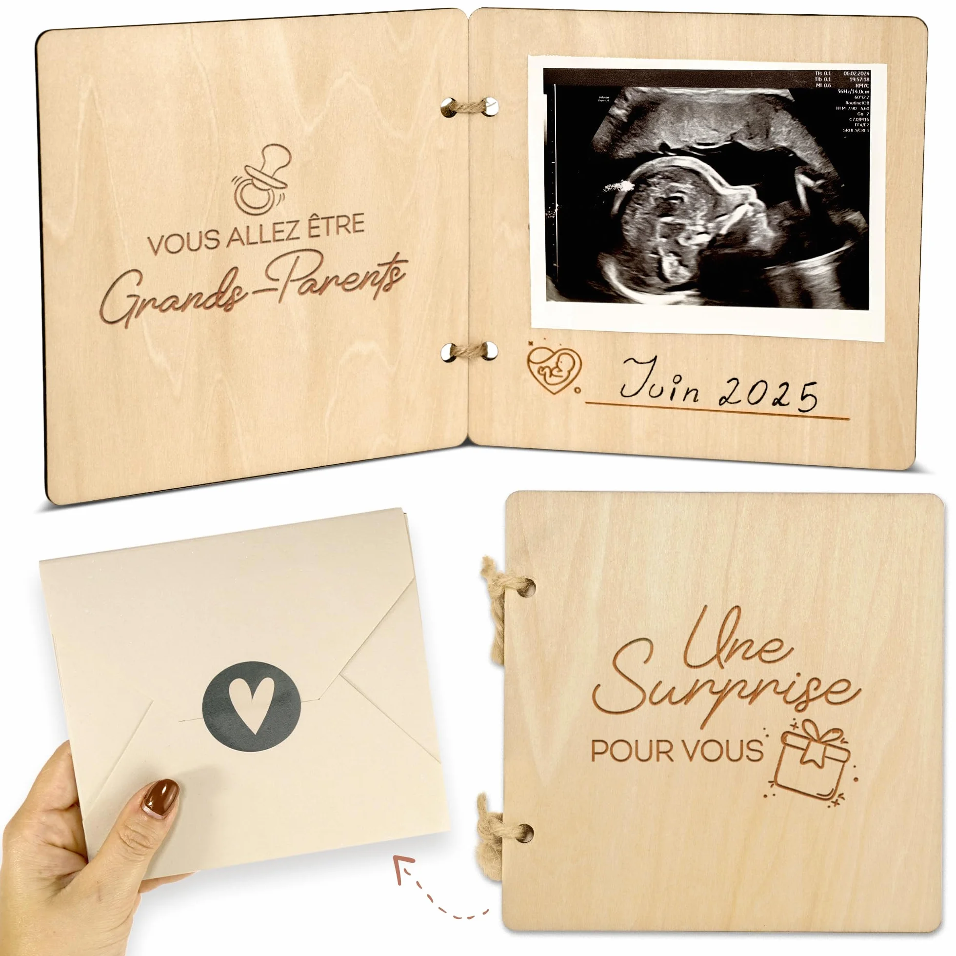 Annonce grossesse en bois | Carte annonce grand parents avec photo échographie