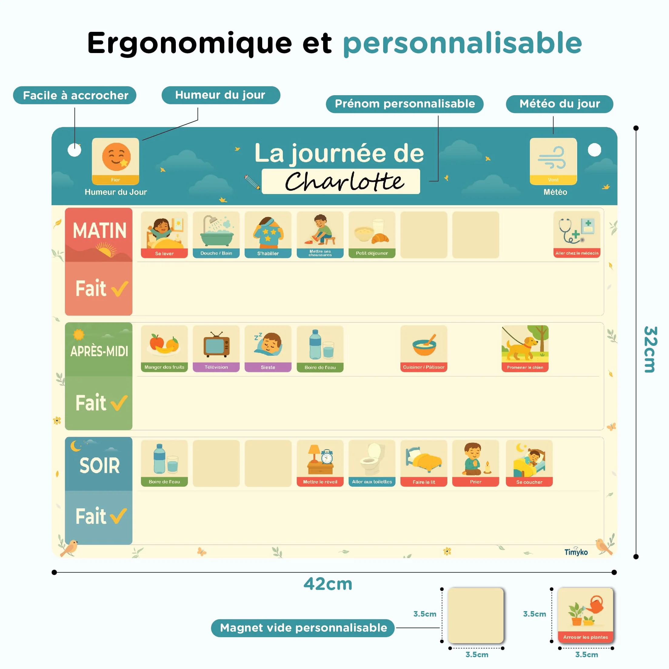 Tableau Magnétique Montessori pour Enfant avec 154 Magnets Illustrés et Sac de Rangement en Coton