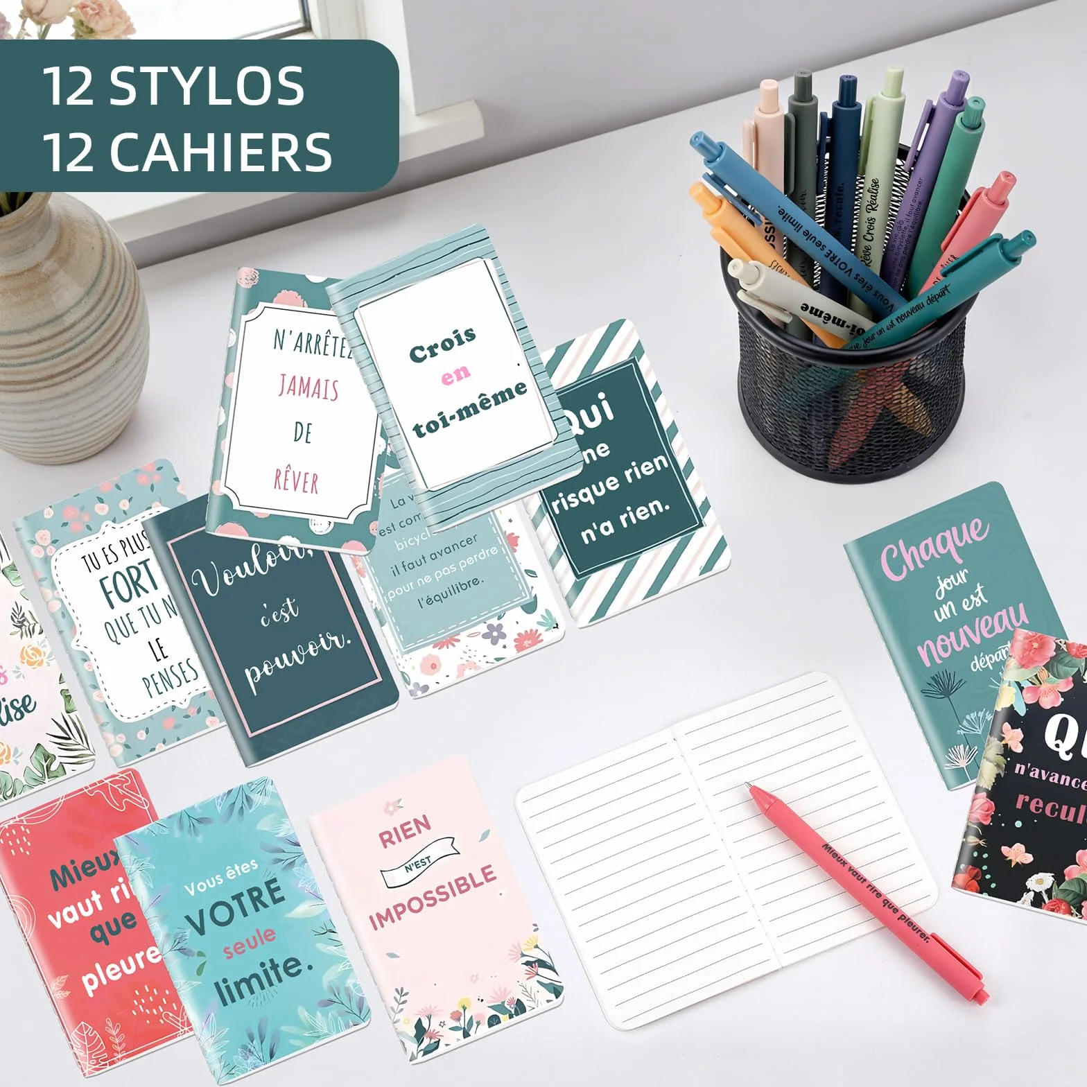 Coffret cadeau 12 pièces carnets stylos bille citations inspirantes