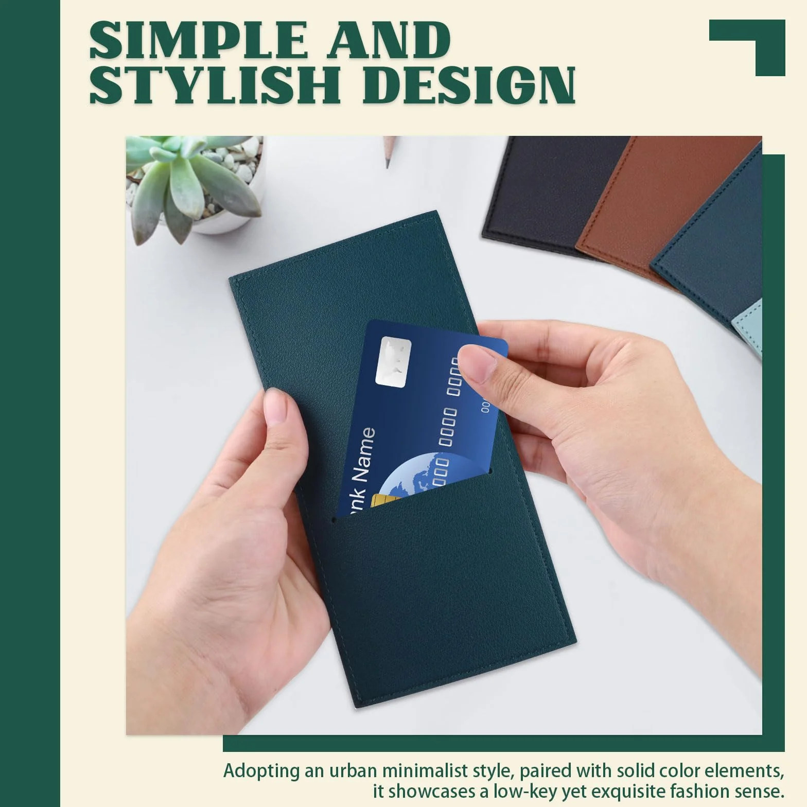 Lot de 3 portefeuilles fins en cuir synthétique pour billets et cartes, Noir + marron + vert foncé