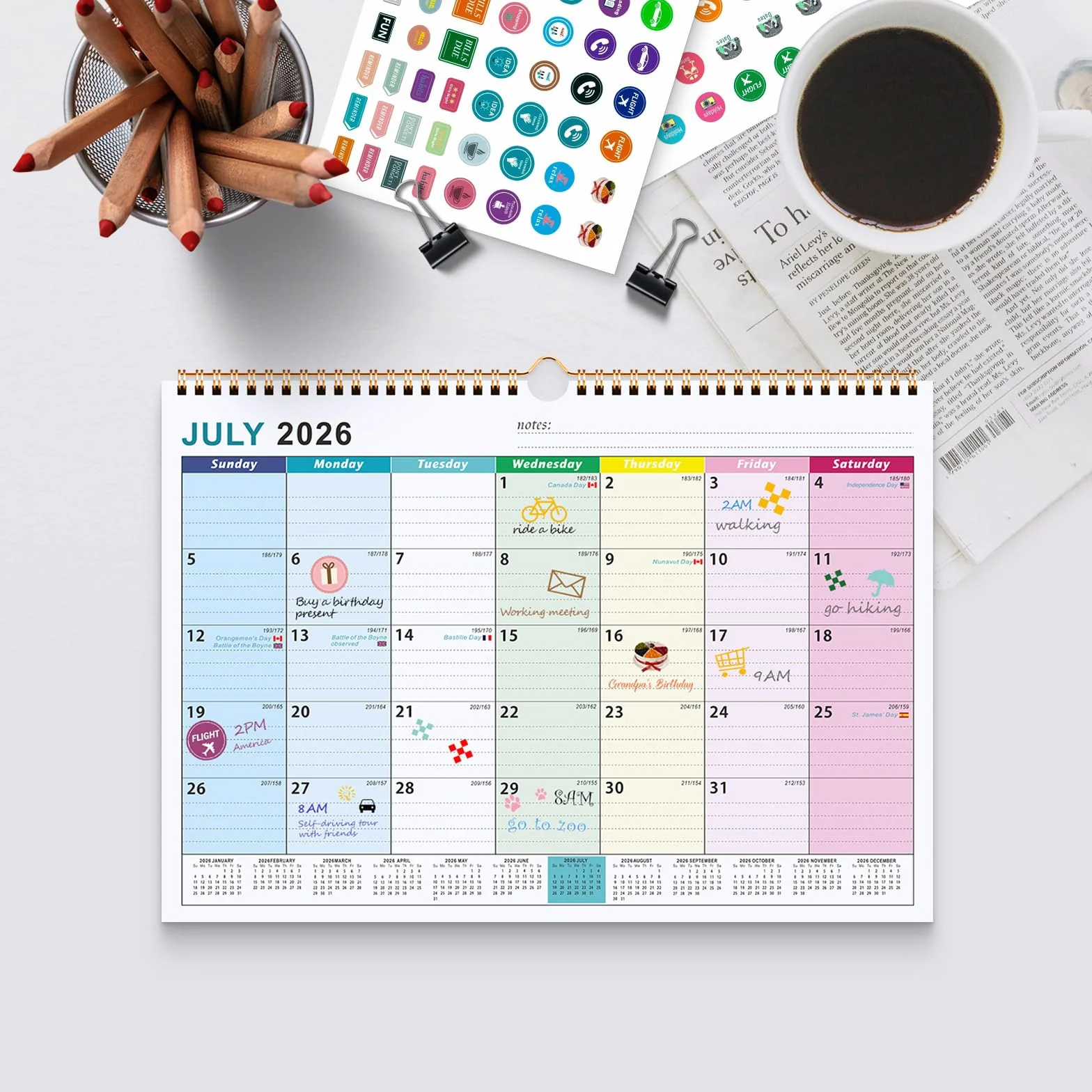 Calendrier Familial Juillet 2026 à Décembre 2027, A4 Mural Mensuel Bureau, Agenda Planning Organisateur avec Bobine, Autocollants