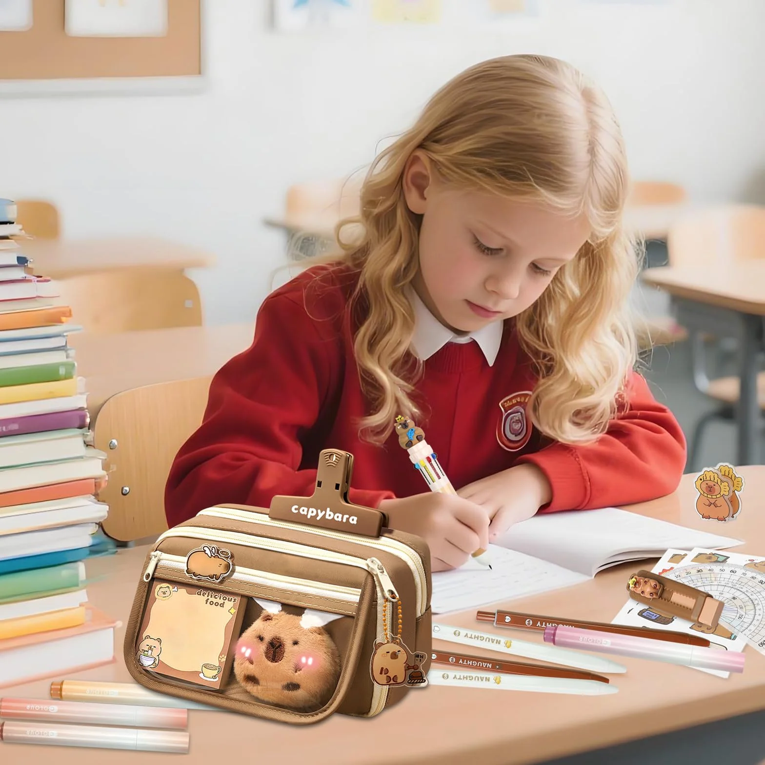 Ensemble Papeterie Capybara 26 Pièces Trousse à Crayons Kawaii Stylos Règle Autocollants Rentrée Scolaire