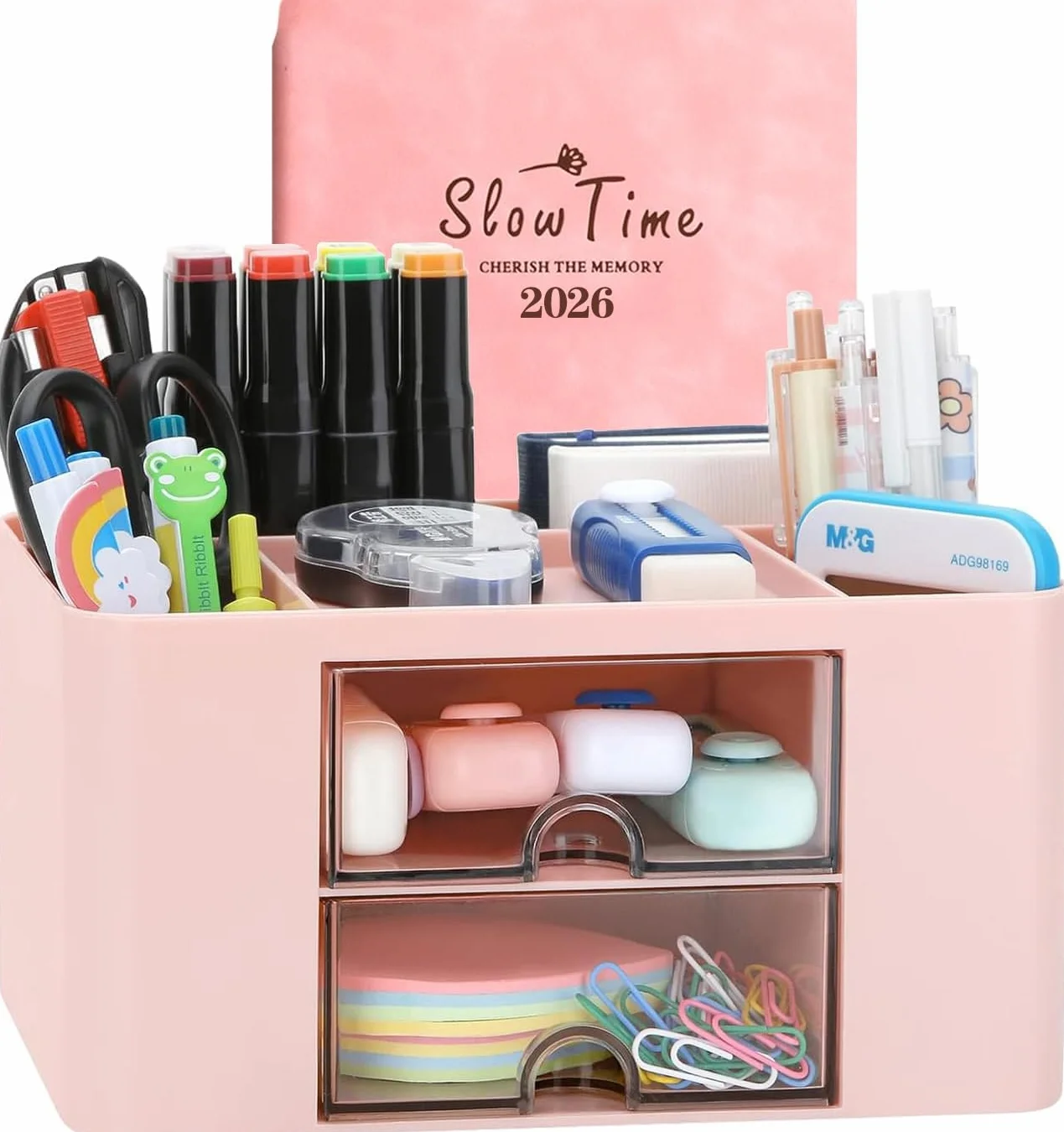 Porte Stylo Bureau Organiser 7 Grilles Plastique avec Tiroir Multifonctionnel Rose
