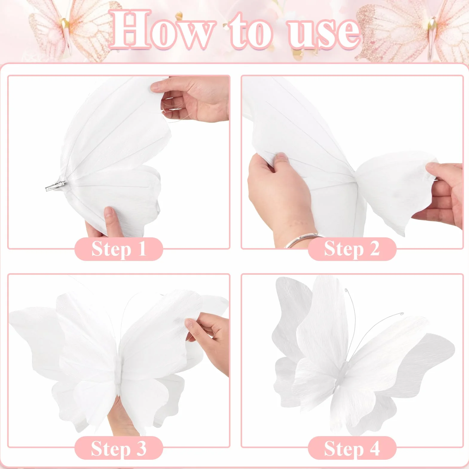 EASY JOY Lot de 4 Décorations 3D Papillons Blancs, Papillons en Papier Crépon Suspendus, Décoration Murale