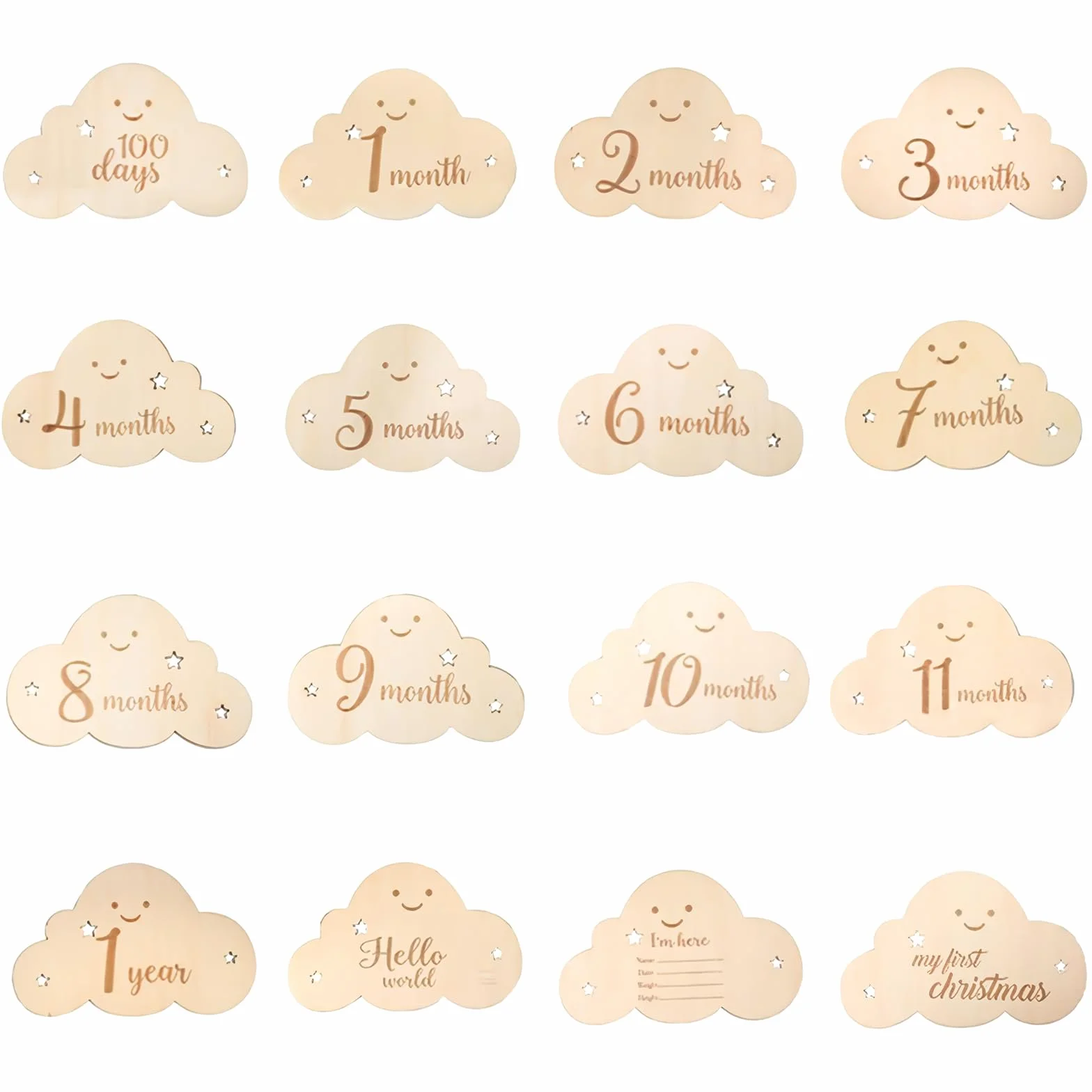 Cartes mensuelles en bois pour bébé - Motif nuage et étoile