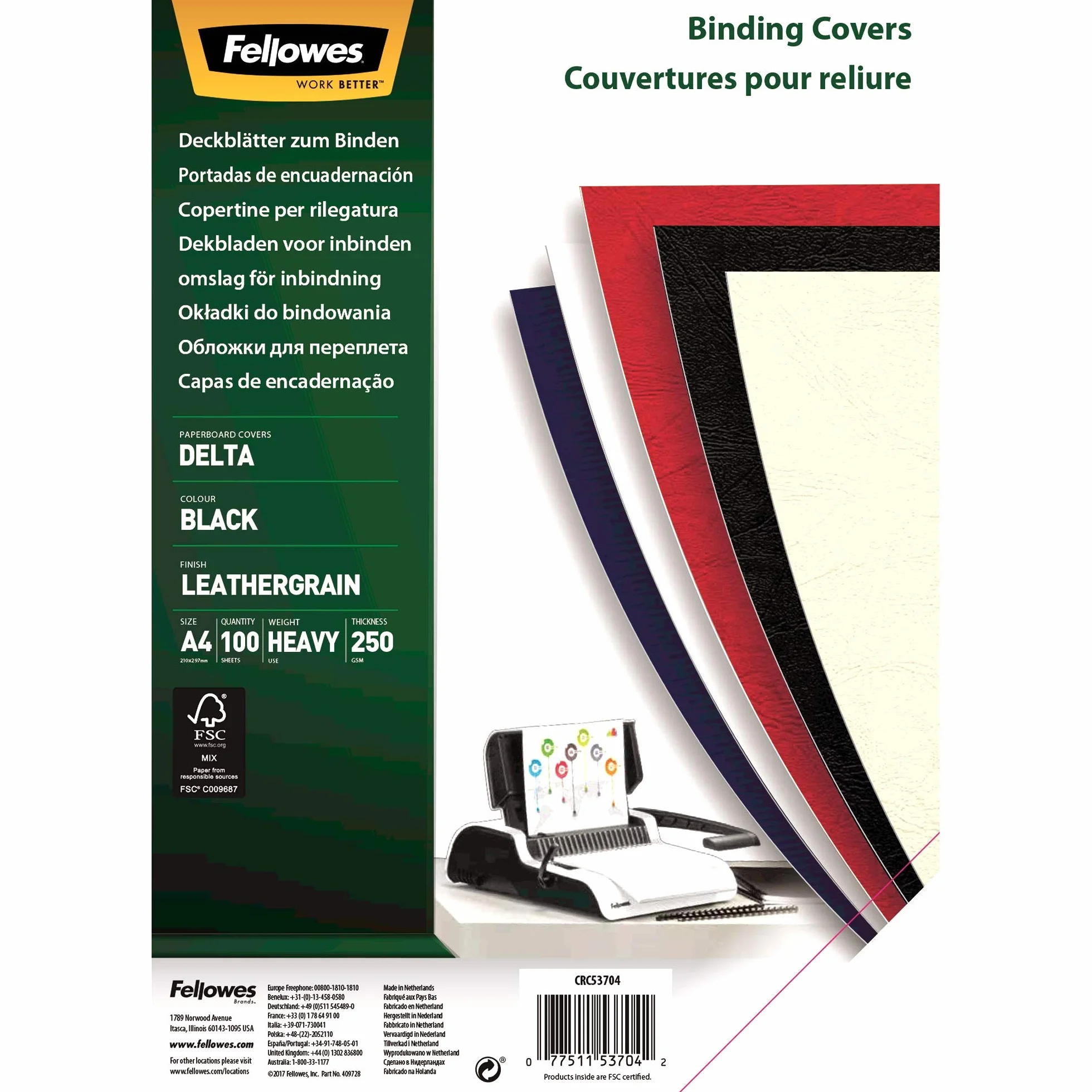 Fellowes Couverture Reliure A4 Grain Cuir 250 g/m² FSC 100% Recyclable Pack 100