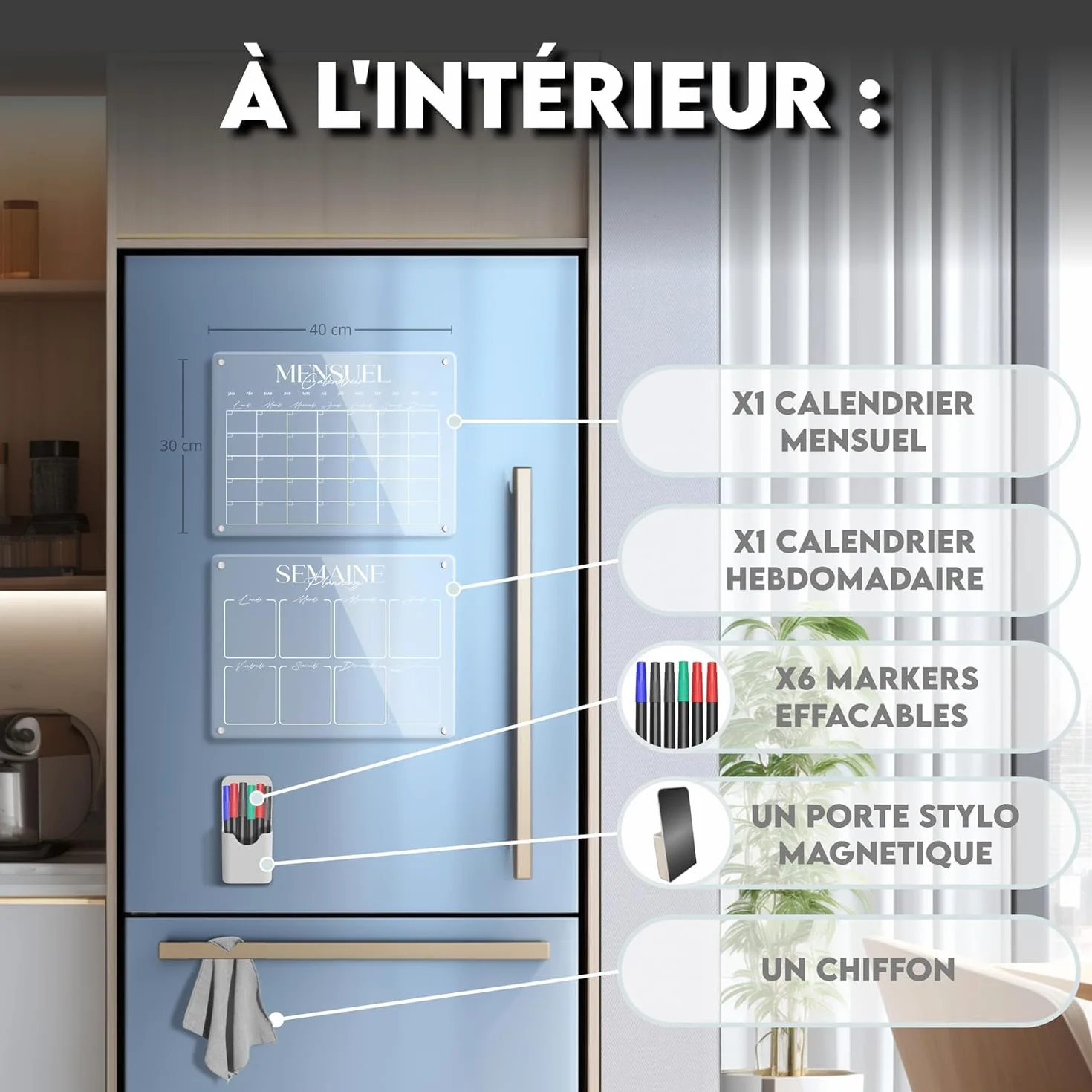 Calendrier Magnétique Frigo Transparent x2 Planificateur Hebdomadaire Mensuel Aimanté Tableau Organisateur Familial