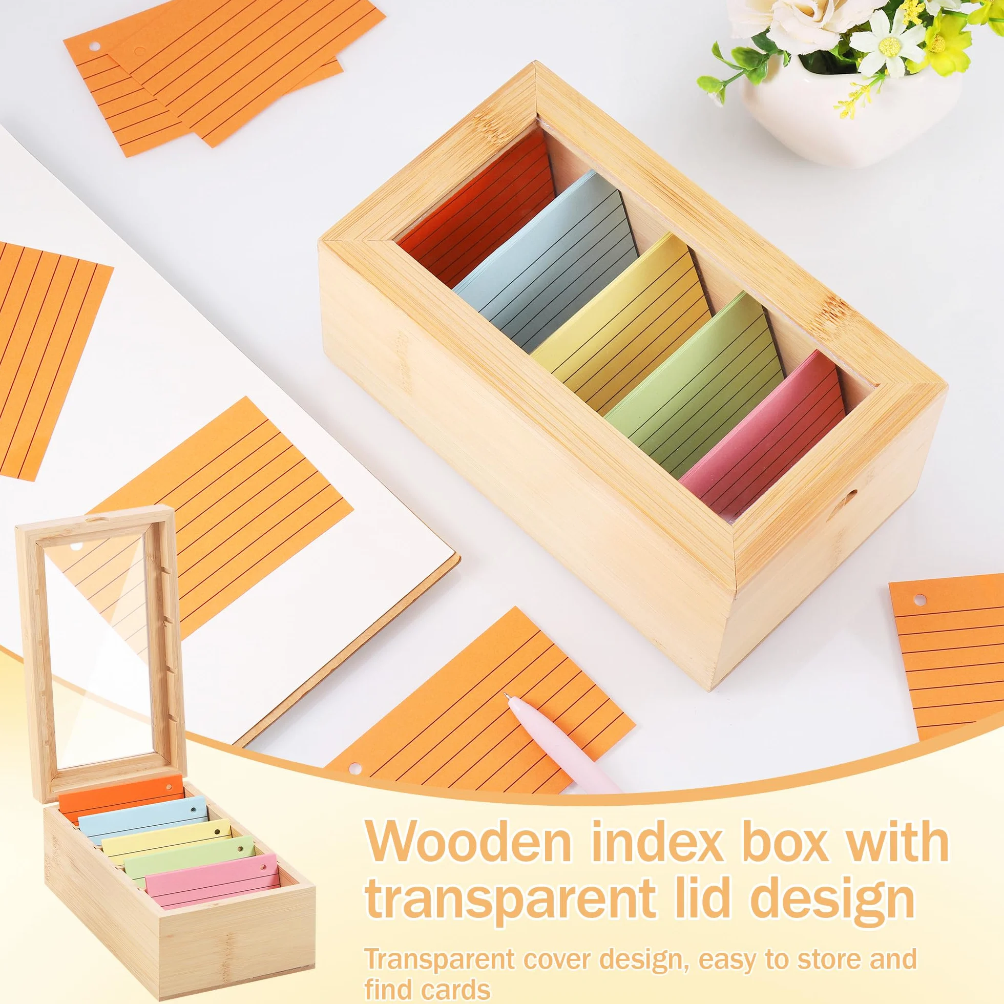 Boîte à Fiches en Bois avec Couvercle Transparent 5 Compartiments Ajustables 22x13x9 cm pour Fiches A7