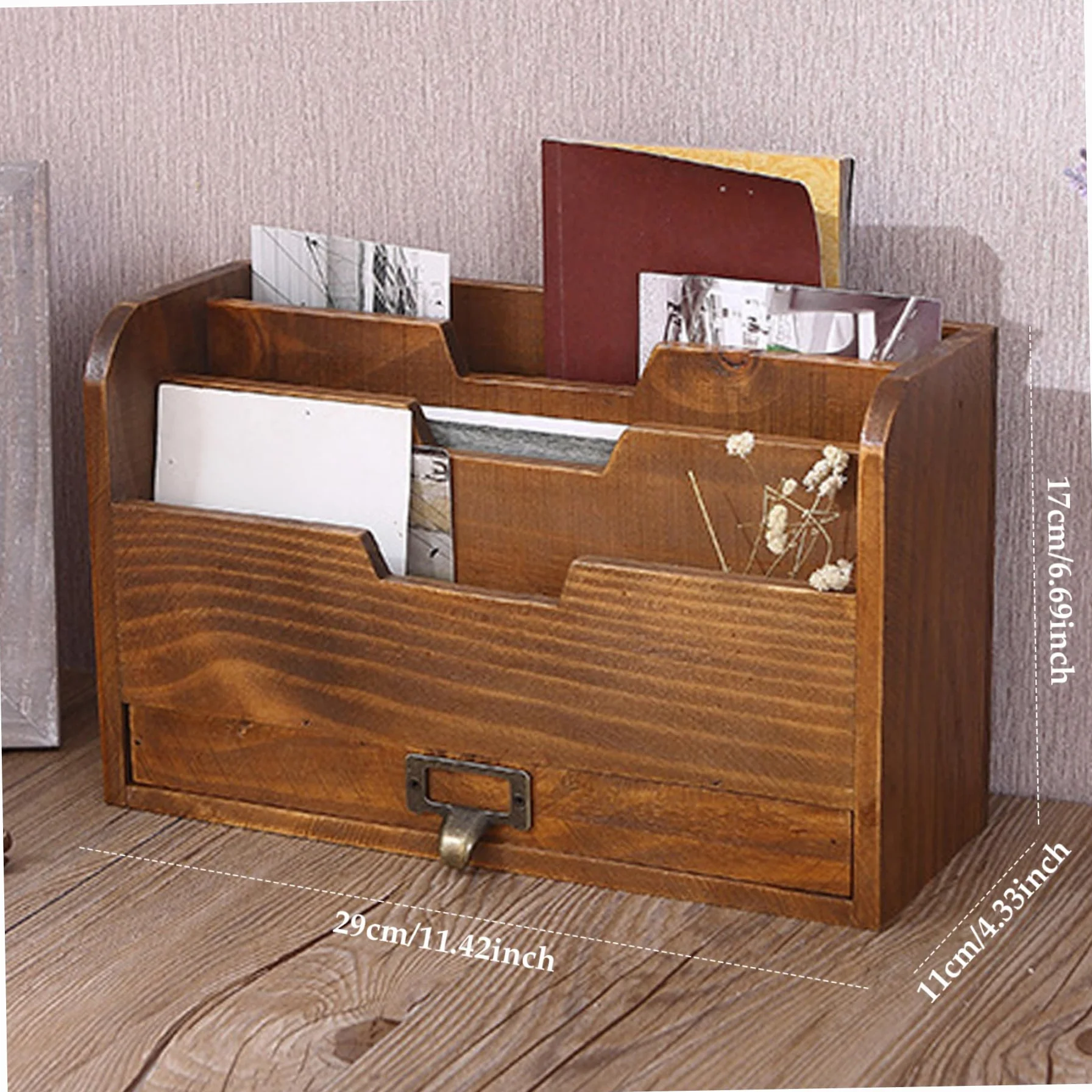 Porte-Lettres en Bois 3 Compartiments avec Tiroir, Organisateur de Bureau Marron rétro pour Courriers