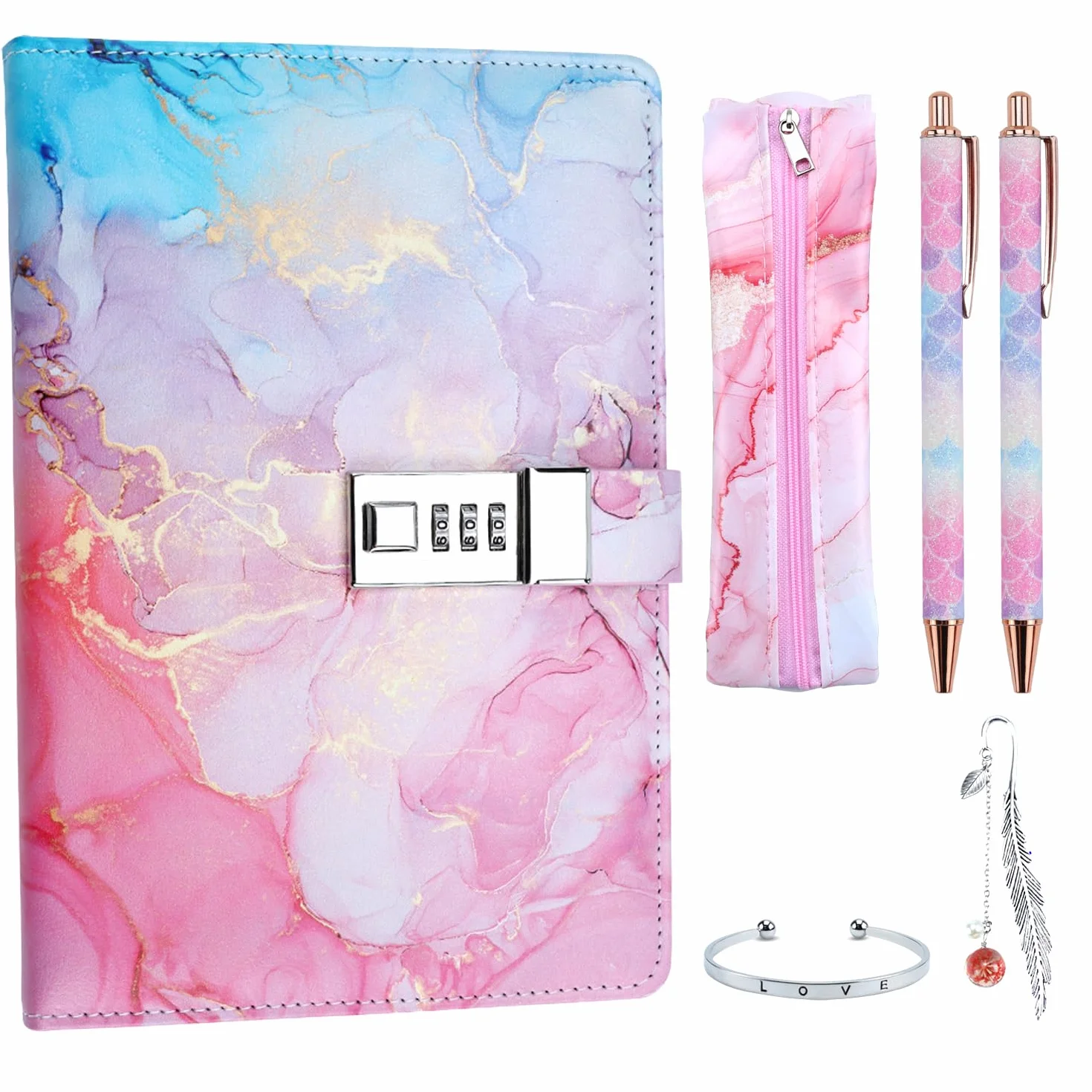 Journal Intime Fille avec Serrure à Combinaison, Carnet Secret Cuir PU avec Stylo, Marque-page, Bracelet, Set Papeterie Cadeau Adolescentes