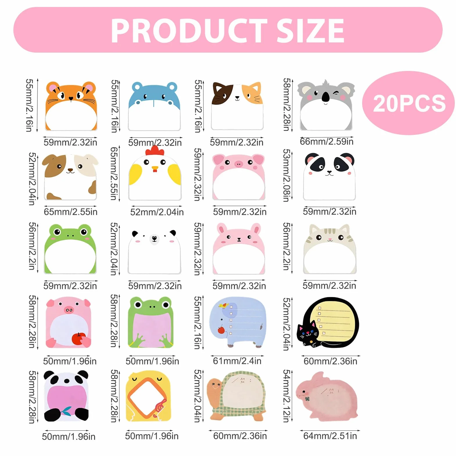 Lot de 20 Petits Blocs Notes Autocollantes Animaux Mignons, Post It Rigolo en Forme d’Animal, Papeterie Kawaii Sticky Notes