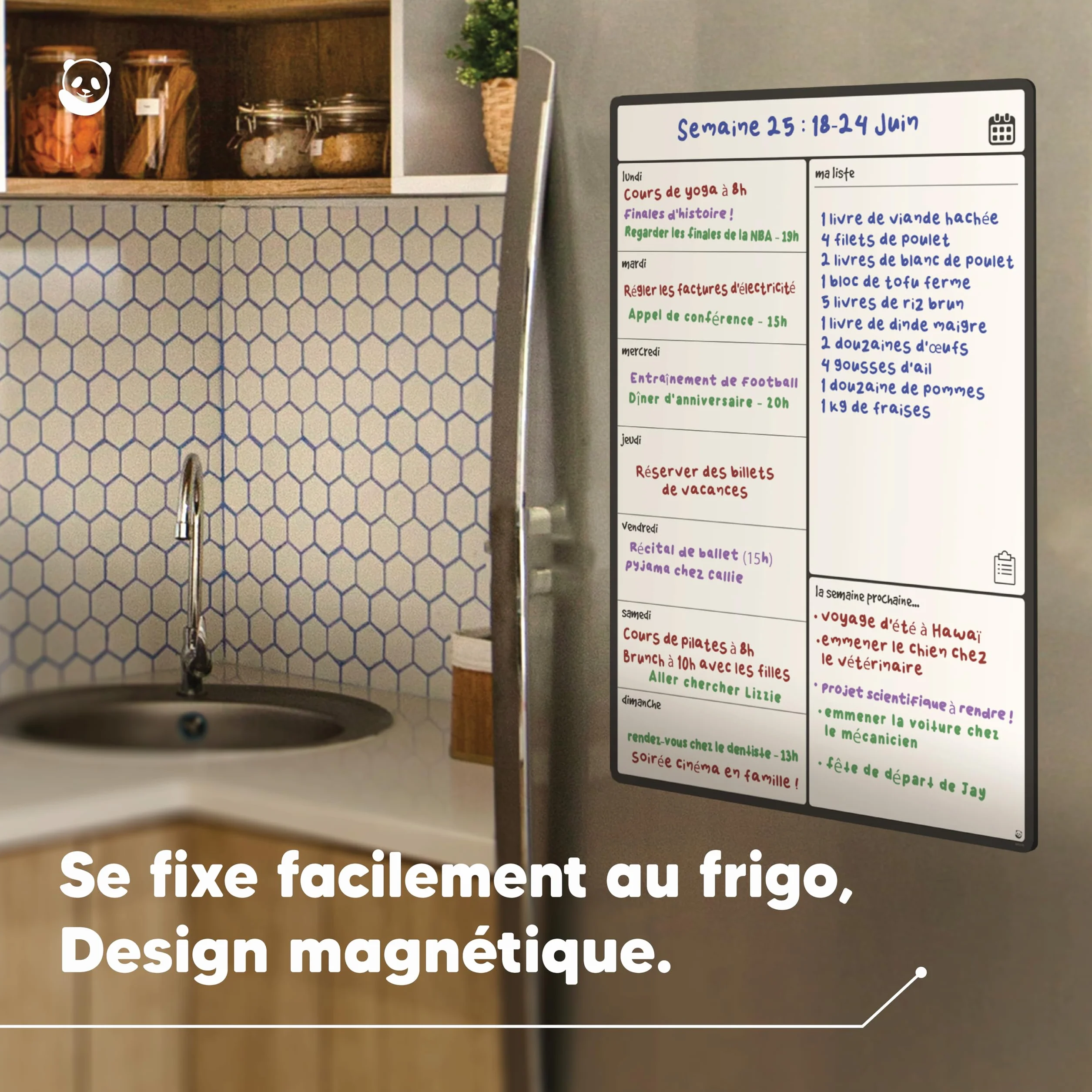 Smart Panda Tableau Magnétique pour Frigo A3 - Planificateur Repas Familiaux, Listes Courses, Aide Étude - Calendrier Aimanté Hebdomadaire Français