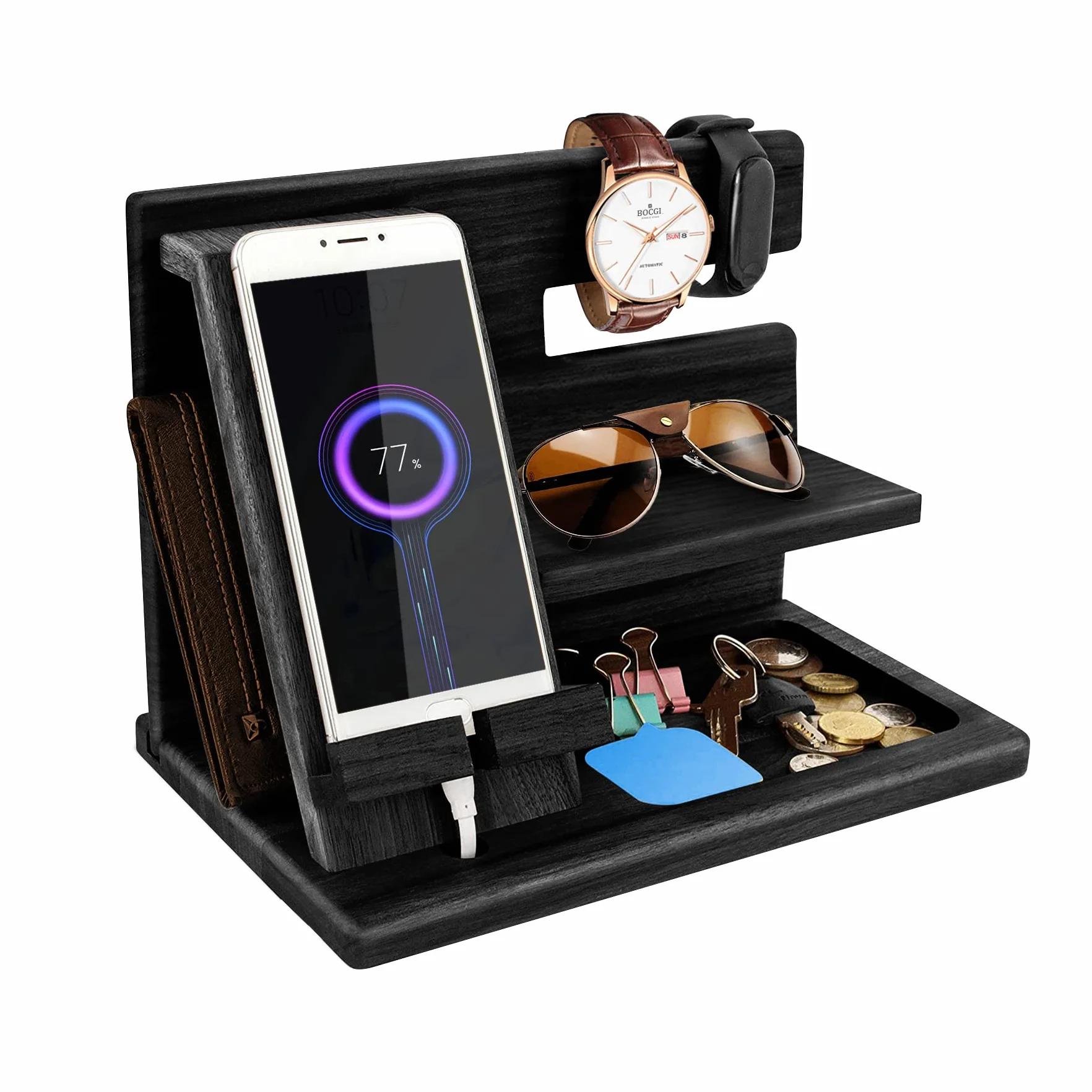 Organisateur de Bureau Bois Support Telephone Support Montre Cadeau Homme Papa Fete des Peres