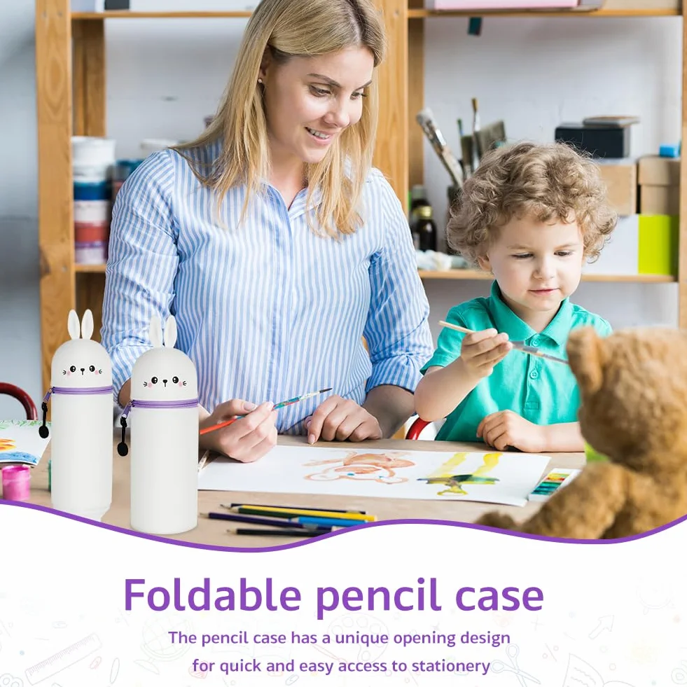 Trousse Ecole Télescopique Silicone Kawaii avec Fermeture Eclair Lapin Blanc 25x6.8cm