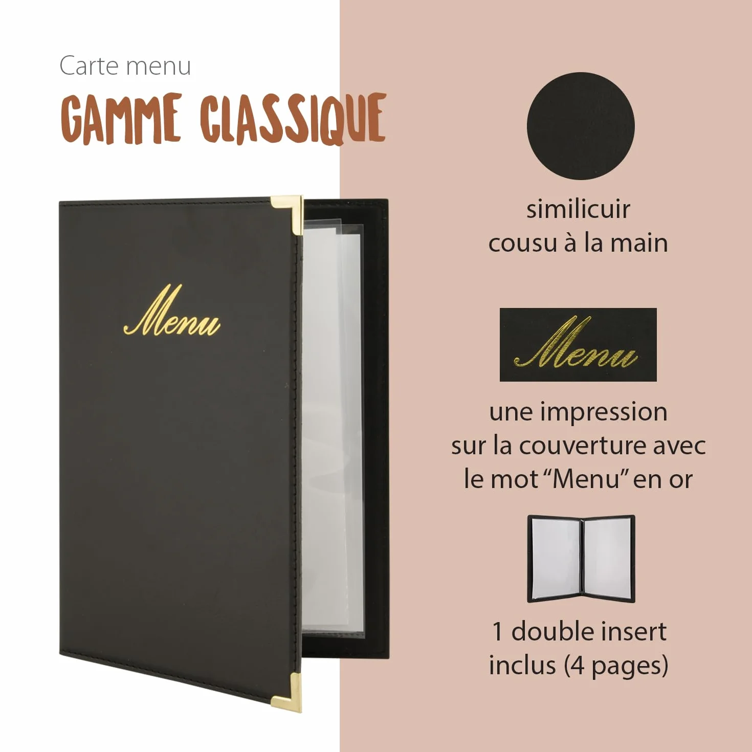SECURIT Carte Menu Gamme Classique A5 Noir 1 Insert Double 4 Pages