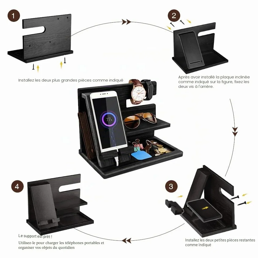 Organisateur de Bureau Bois Support Telephone Support Montre Cadeau Homme Papa Fete des Peres
