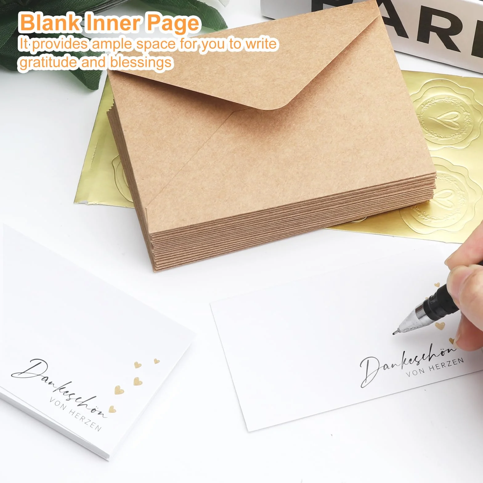 Lot de 20 petites cartes de remerciement avec enveloppes kraft et sceau doré 9 x 5,4 cm