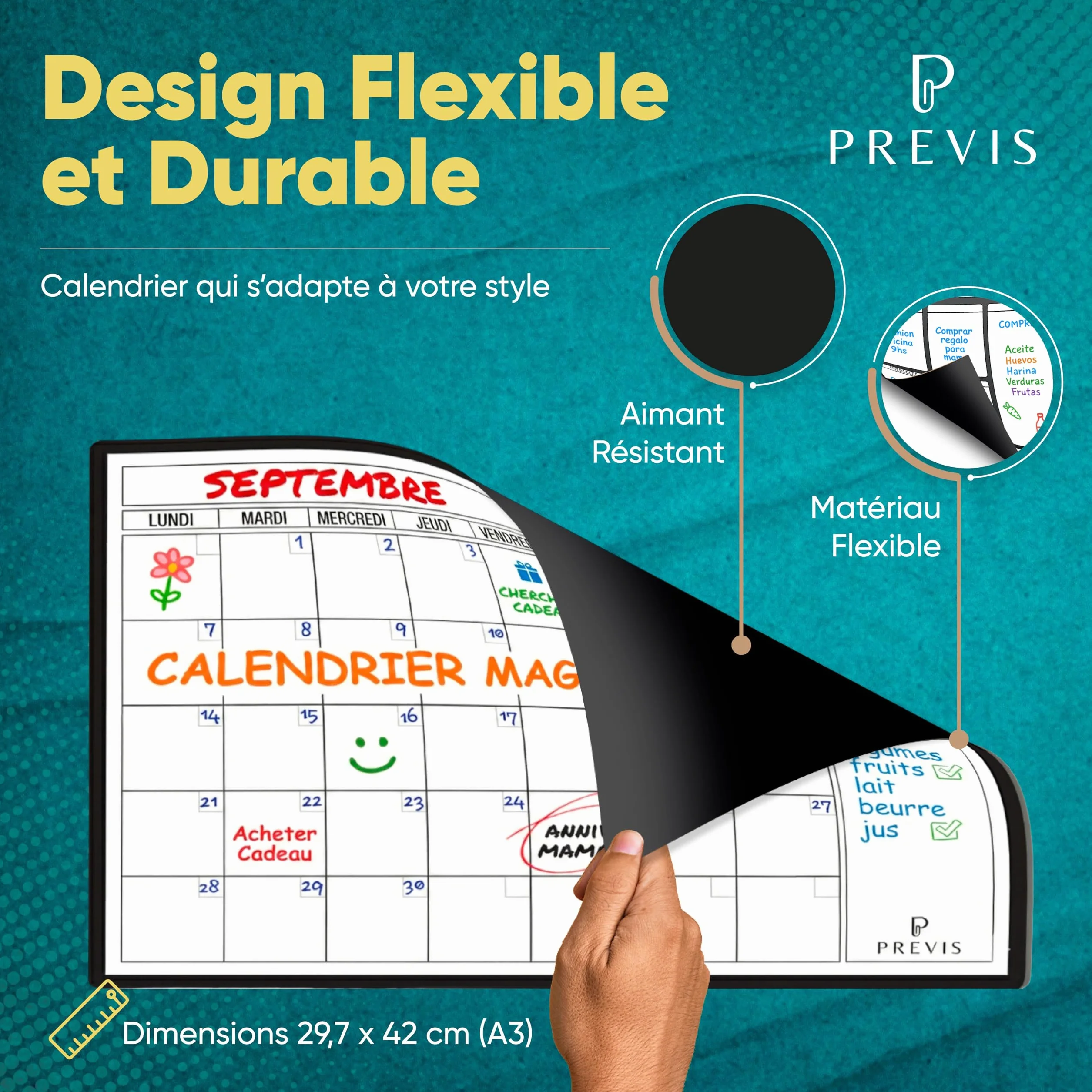 Previs Calendrier Magnetique Frigo A4 (21x29cm) avec 3 Marqueurs Premium - Planning Mensuel Aimanté 2025 2026