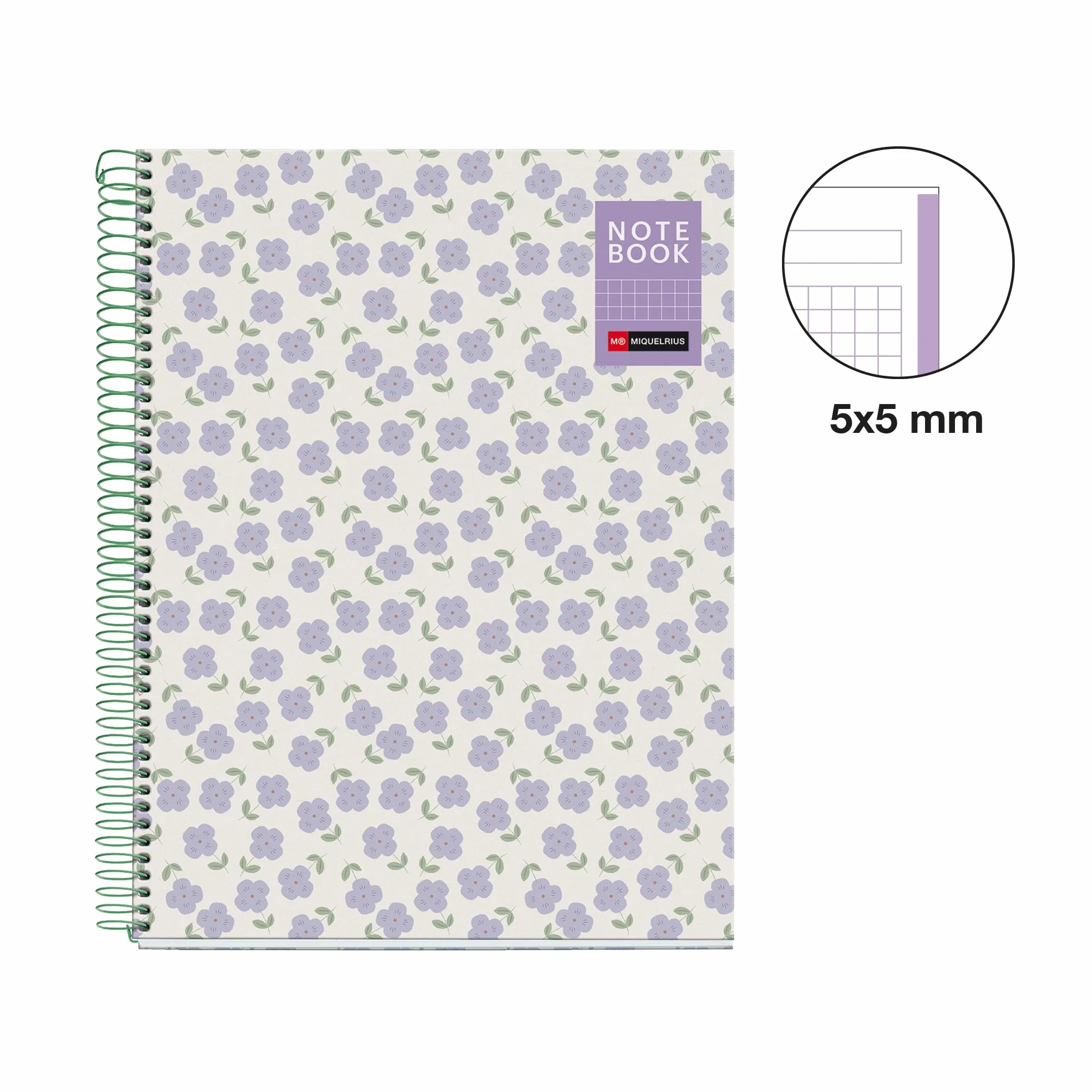 Miquelrius Cahier A4 quadrillé 5x5 mm, Couverture rigide, 80 feuilles microperforées, Papier 90 g/m², Spirale métallique, Violet