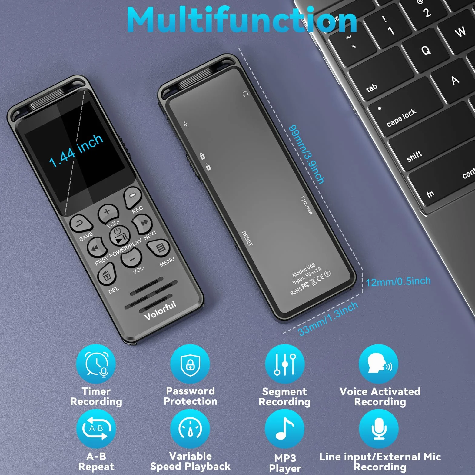 Enregistreur Vocal Numérique 80GB 70H avec Écran Couleur 1,44", Activation Vocale, Lecteur MP3, USB-C