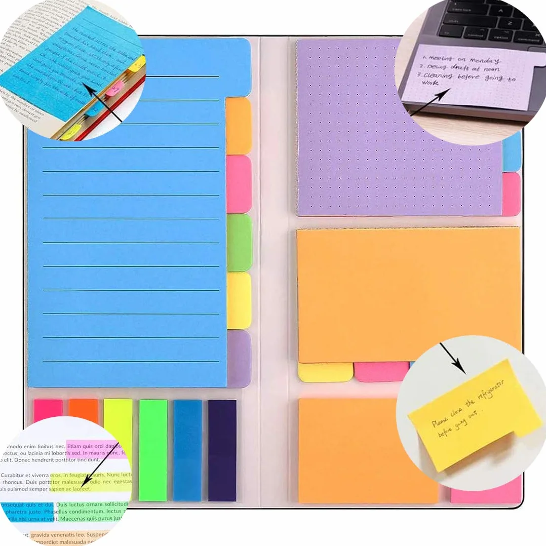 Lot de 500 Notes Autocollantes, 7 Types Post It, Étiquettes Inscriptibles, Signets Marqueurs Adhésifs pour Bureau et Scolaires