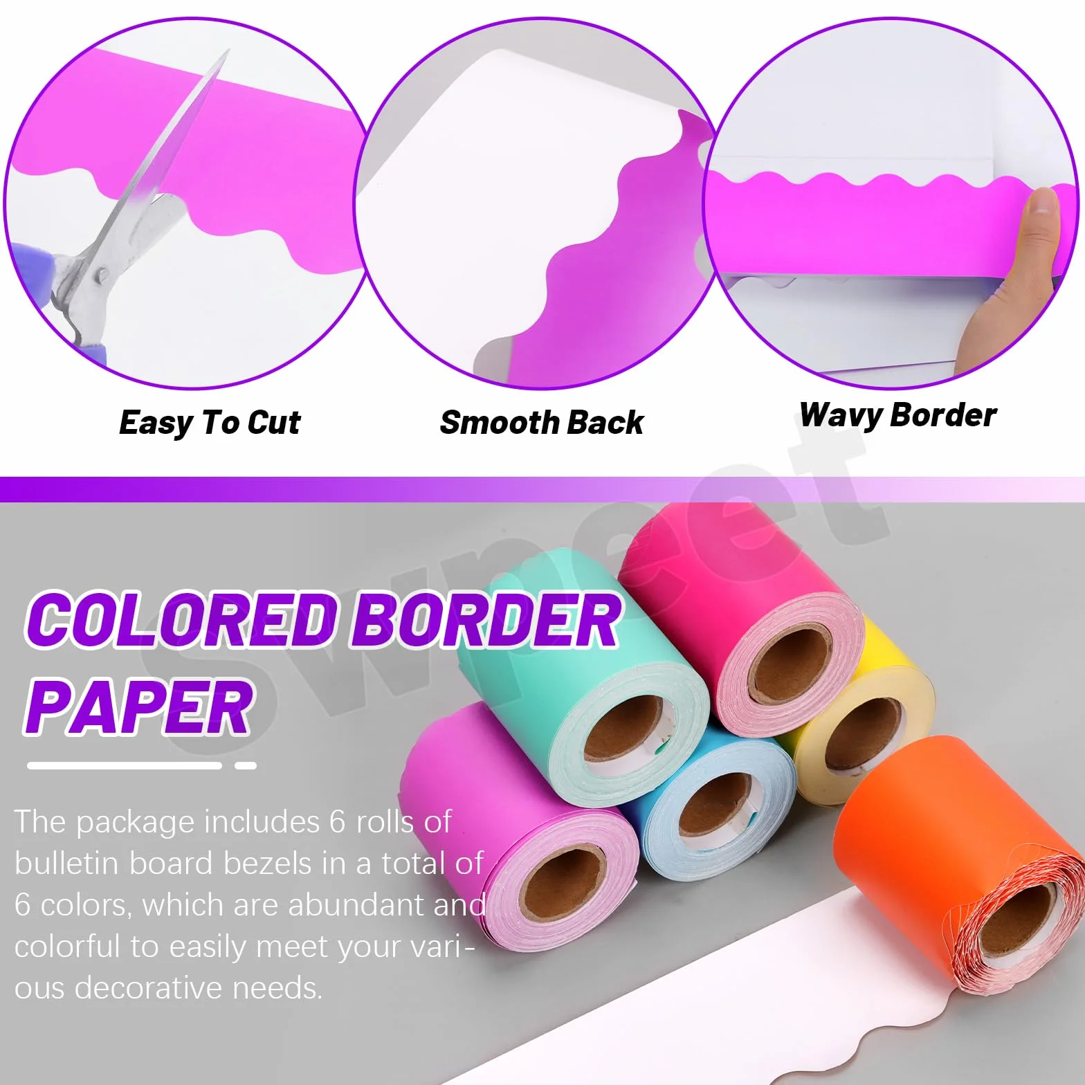Swpeet 6 rouleaux 196.8 pieds 6 couleurs panneau d'affichage bordure combo Kit