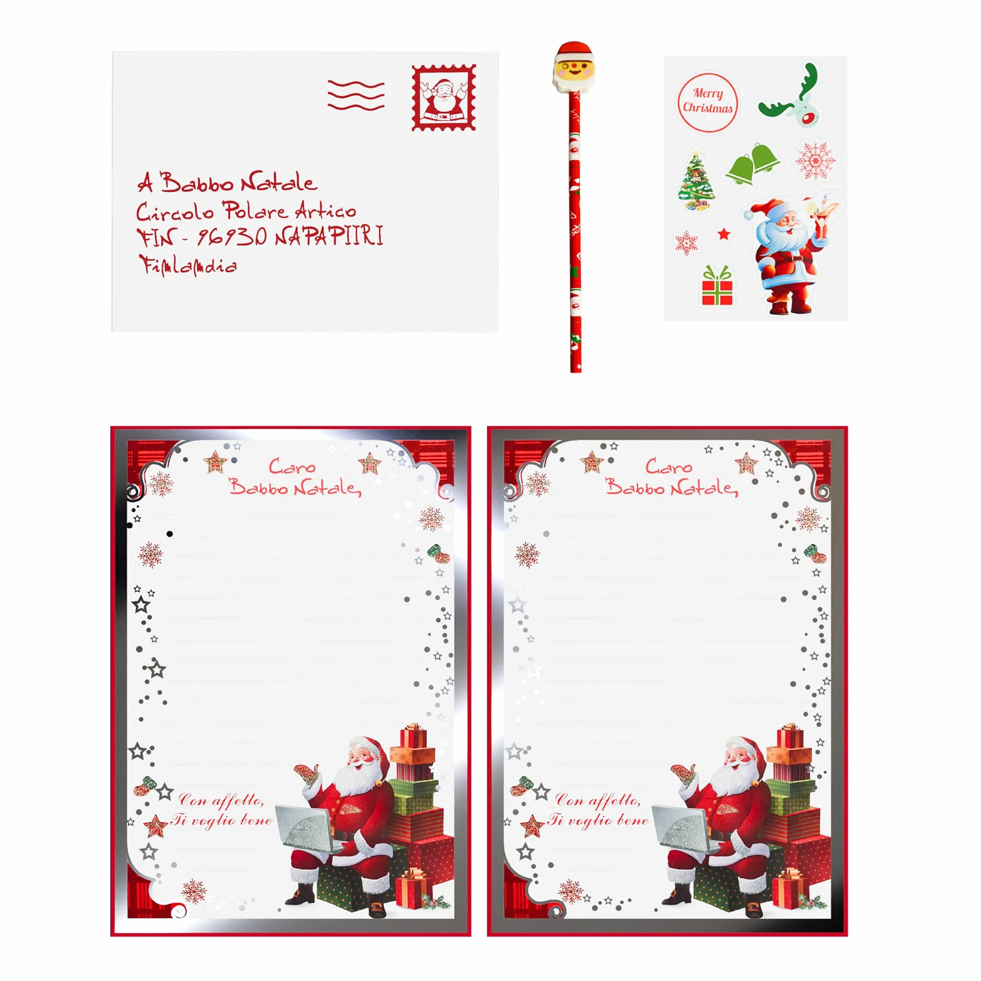 Lettre au Père Noël avec enveloppe porte-lettre et stickers (Lettre D)