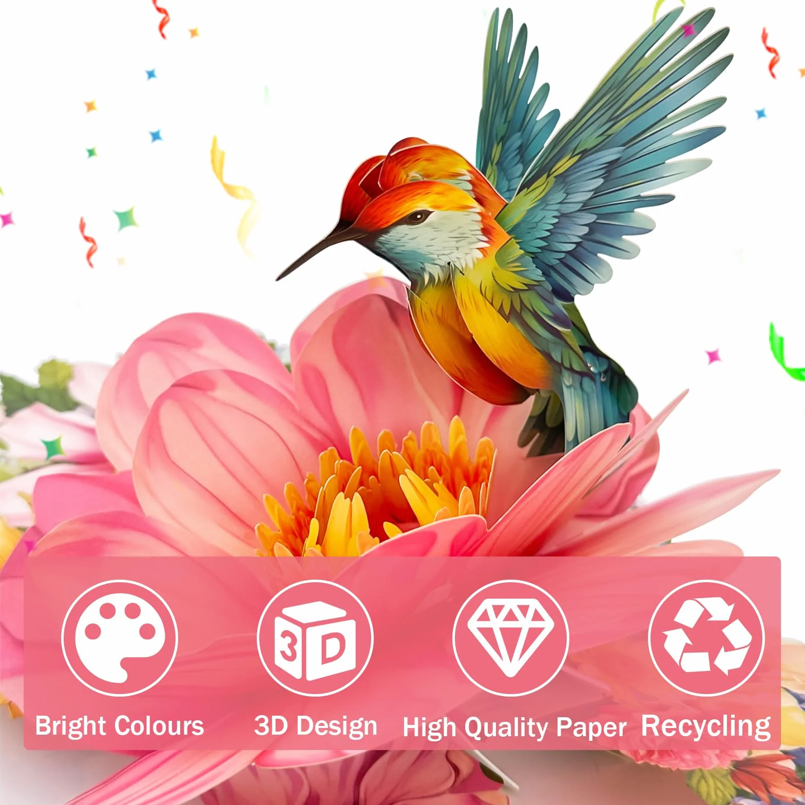 Carte Anniversaire Femme 3D Colibris Fleurs Pop Up avec Enveloppe