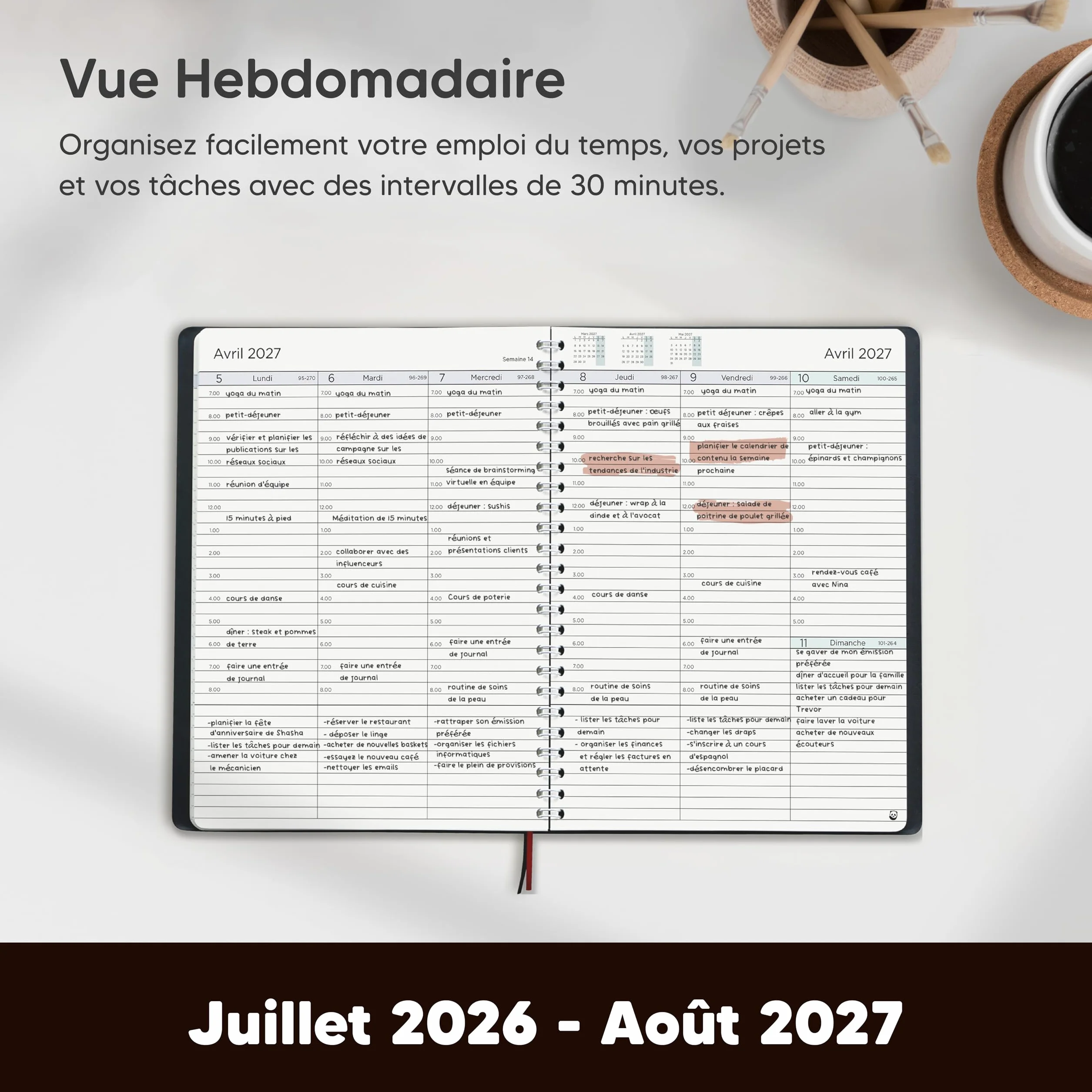SmartPanda Agenda 2026-2027 Semainier A5 Couverture Souple Intervalles 30 Minutes Français