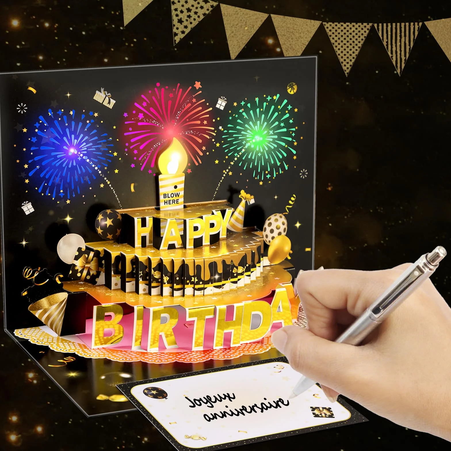 Carte d'anniversaire pop-up 3D avec lumières et son, bougie LED soufflée, carte musicale chantante Noir et doré