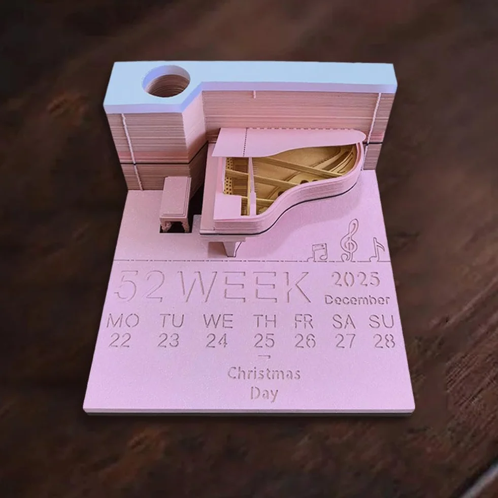 Calendrier 2025 avec bloc-notes 3D créatif - Décoration de bureau pour amateurs de piano