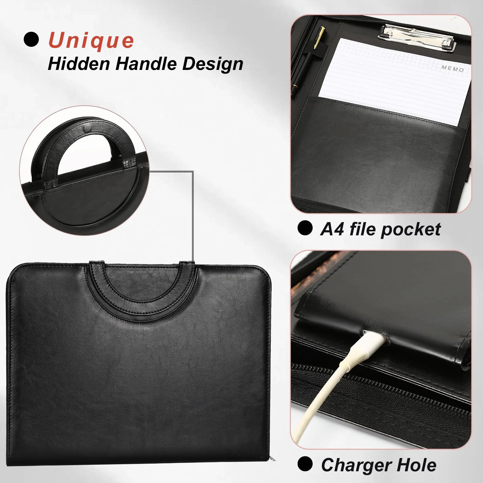 Porte Document A4 en Cuir Noir PU Leathario Portfolio Organiseur de Bureau