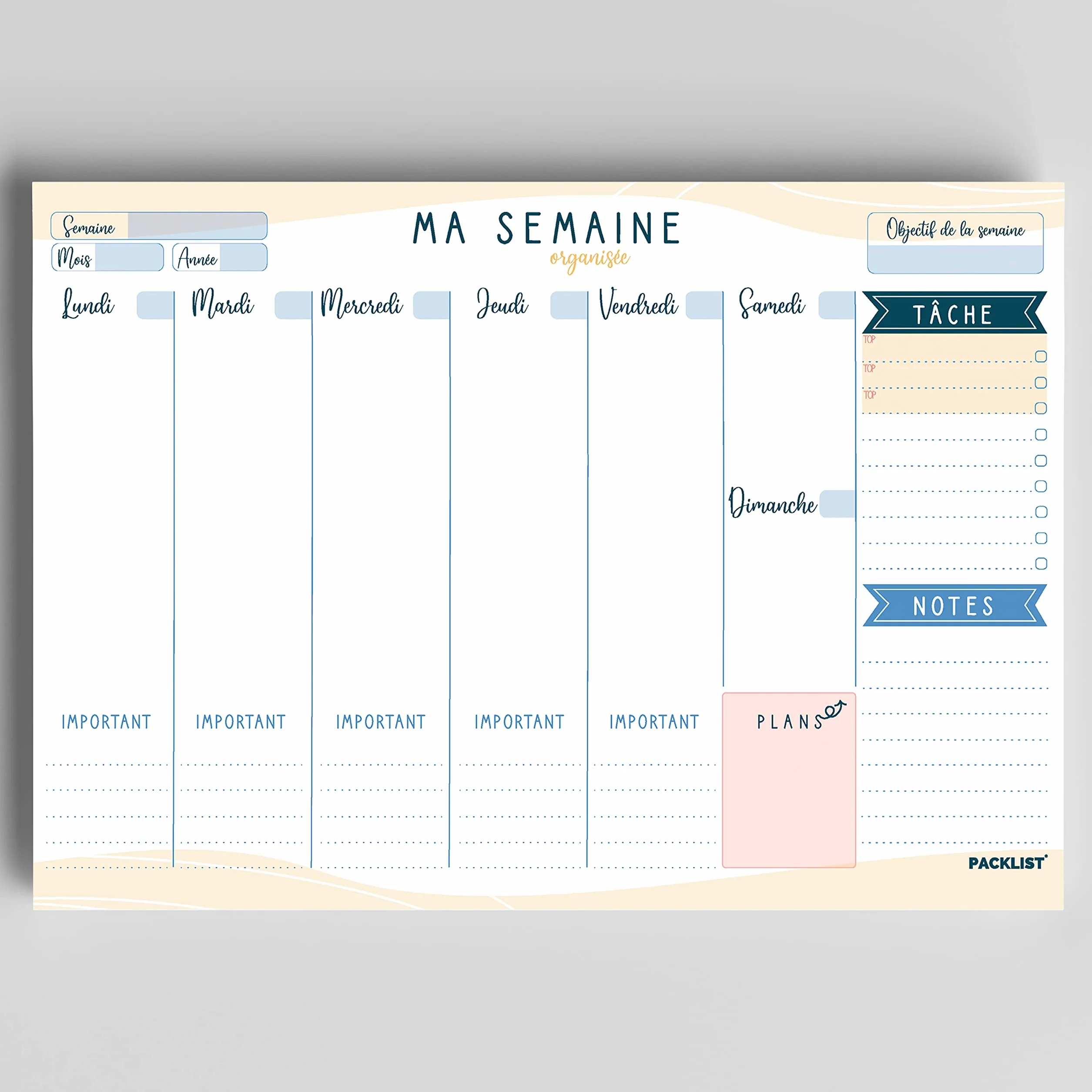 Planning Semaine A4 - Planificateur Semainier, Agenda Planner To Do List Bloc Note Francais - Planning Hebdomadaire Design Exclusif