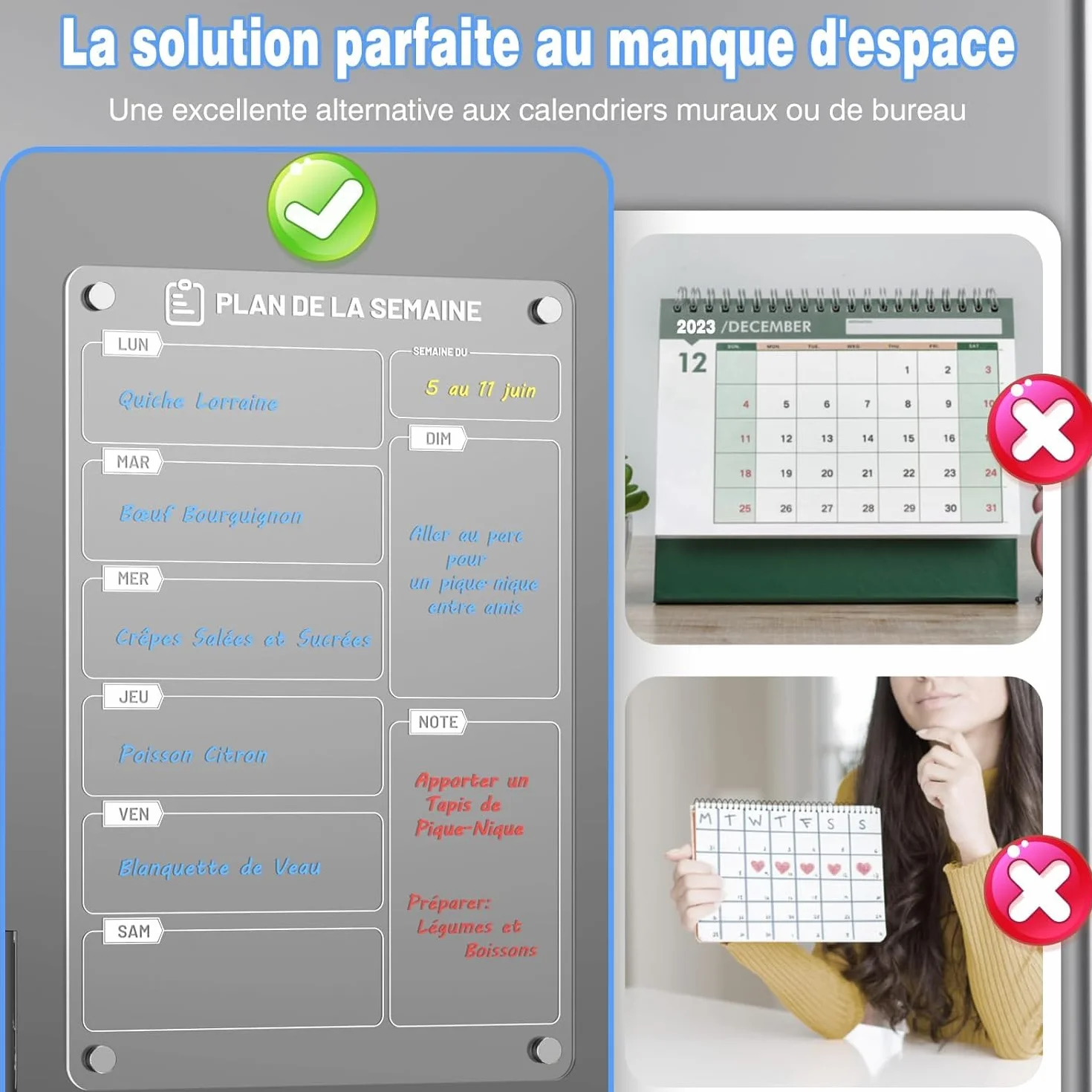 Lot de 2 Tableaux Magnétiques Frigo 30x20 cm avec Marqueur à Craie Liquide 6 Couleurs