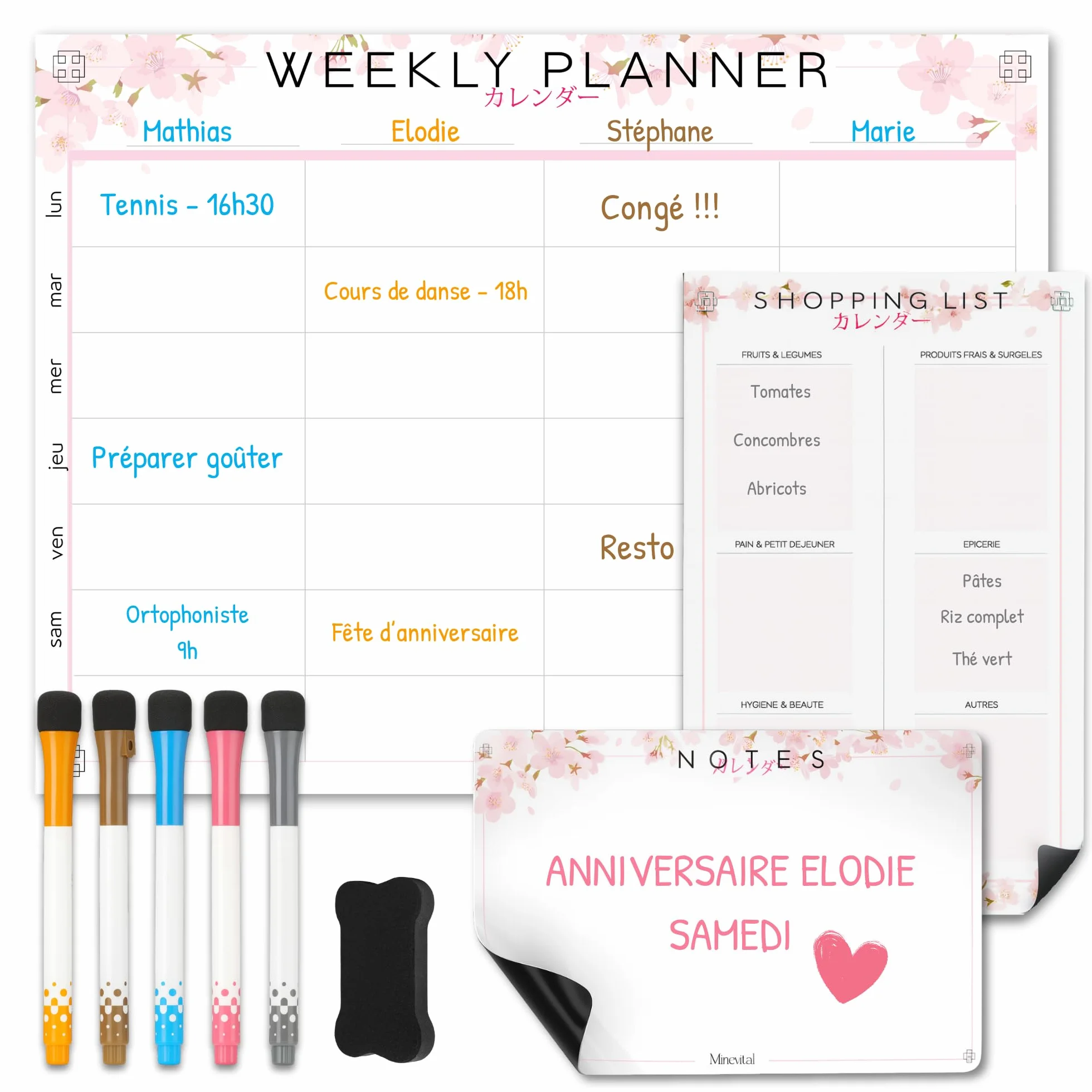 Calendrier Magnétique Frigo Sakura Pack 3 Tableau Semainier Liste Courses Pense-Bête Organisateur Familial Planning Tâches Planner Aimanté Ardoise Effaçable