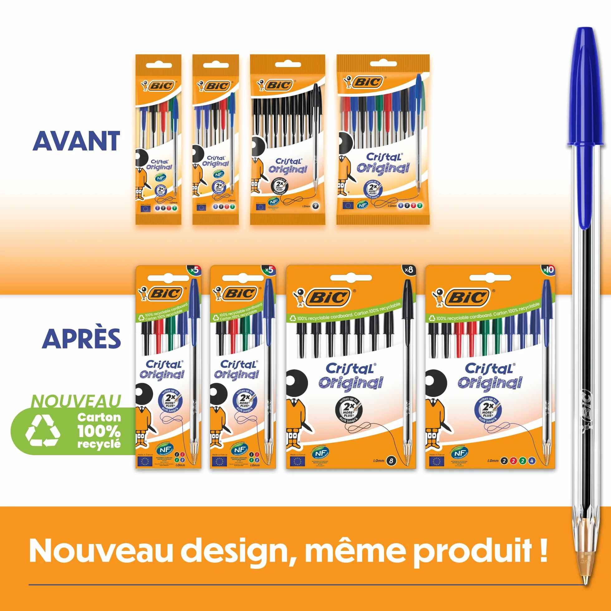 Bic Cristal Original Stylo-Bille Pointe Moyenne 1,0 mm Noir Boîte de 10
