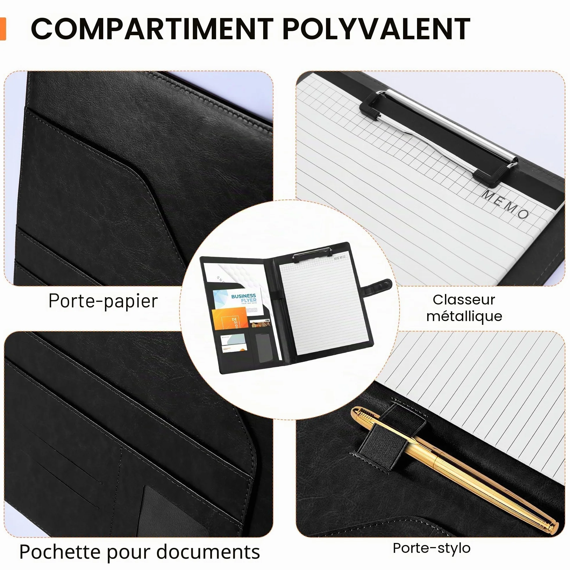 Conférencier A4 avec Porte Bloc, Porte Documents et Fermeture Magnétique (noir)