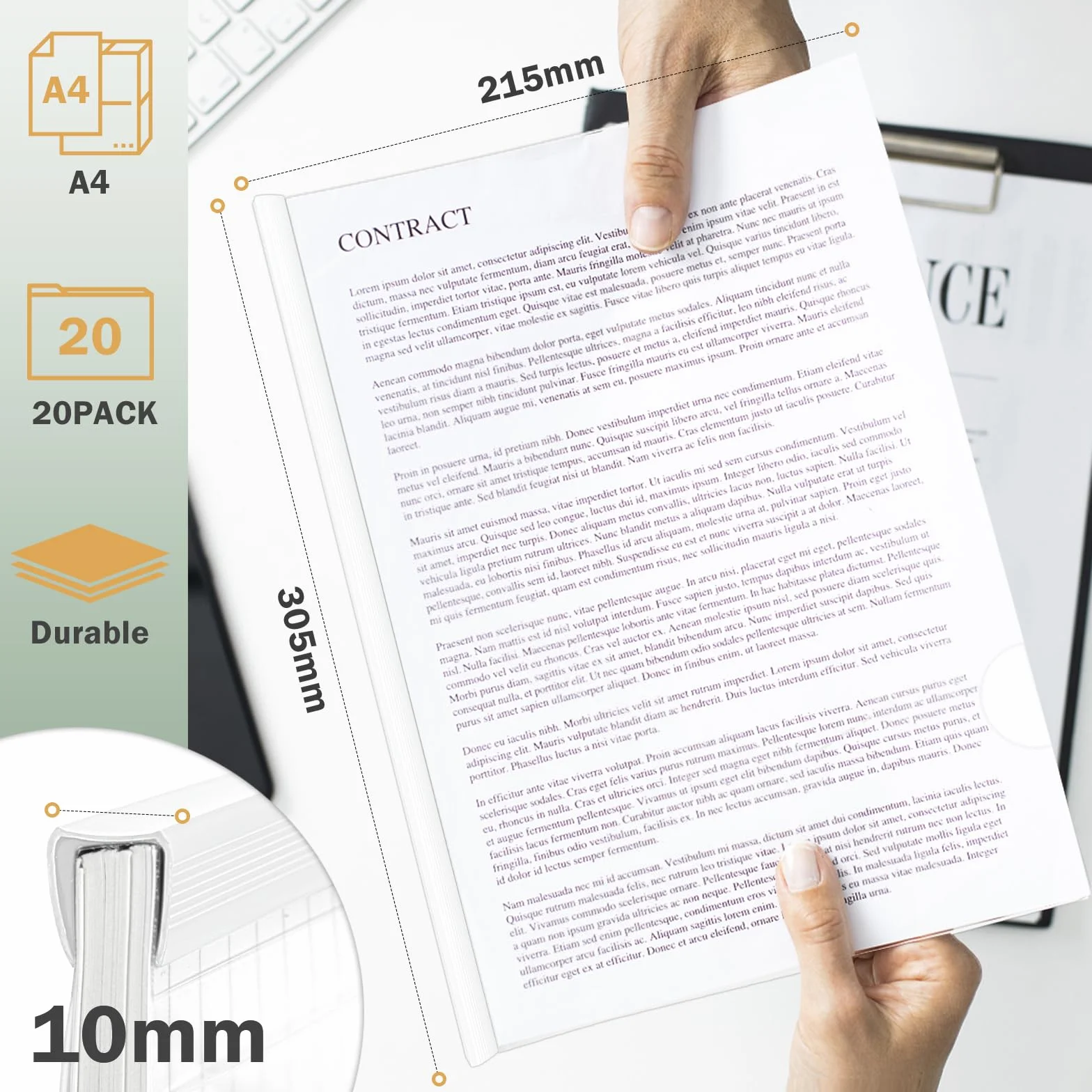 Reliure Dossier Baguette Transparente 10 mm 90 Feuilles A4 Blanc